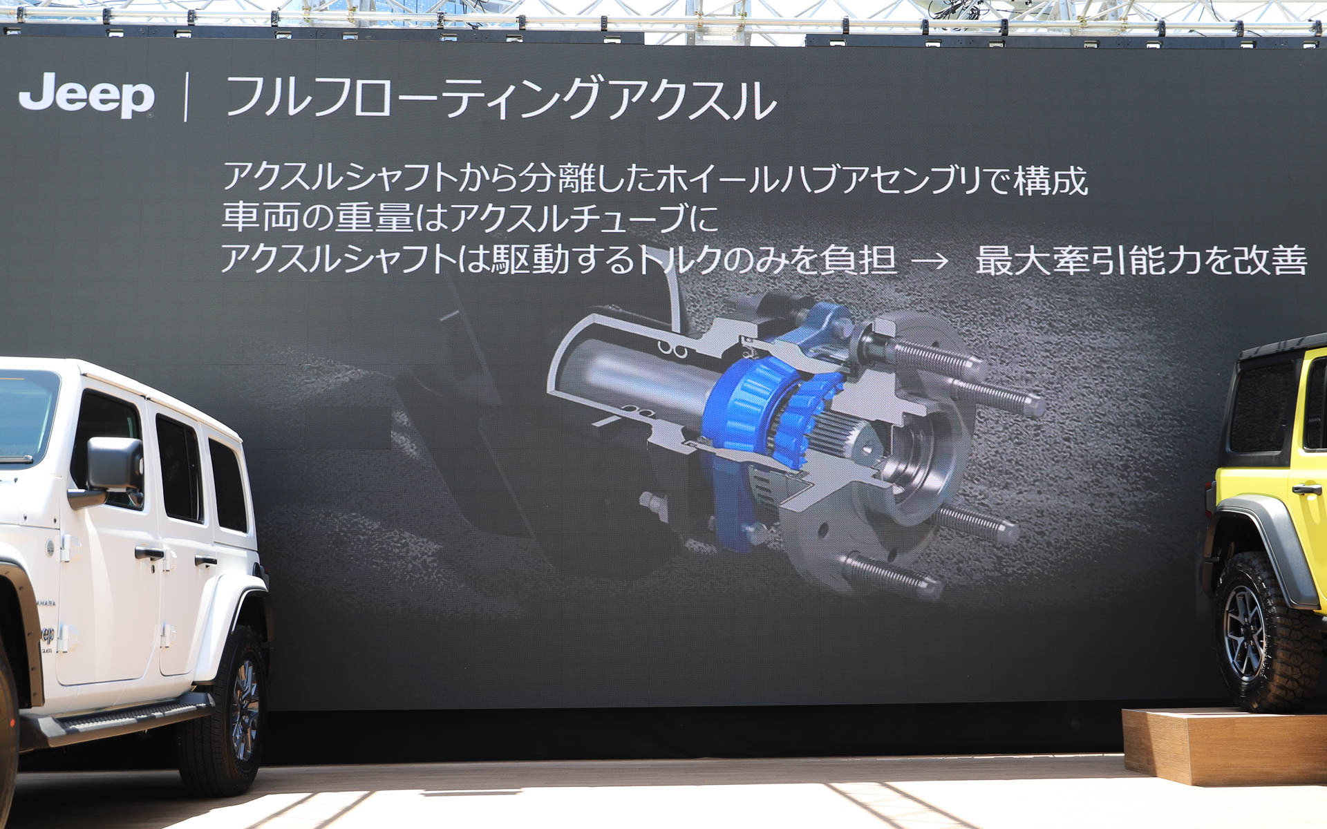 アクスルシャフトから分離したホイールハブアセンブリで構成されるフルフローティングアクスルを採用。これにより、アクスルシャフトは駆動するトルクのみを負担することとなるため、最大牽引能力を改善した