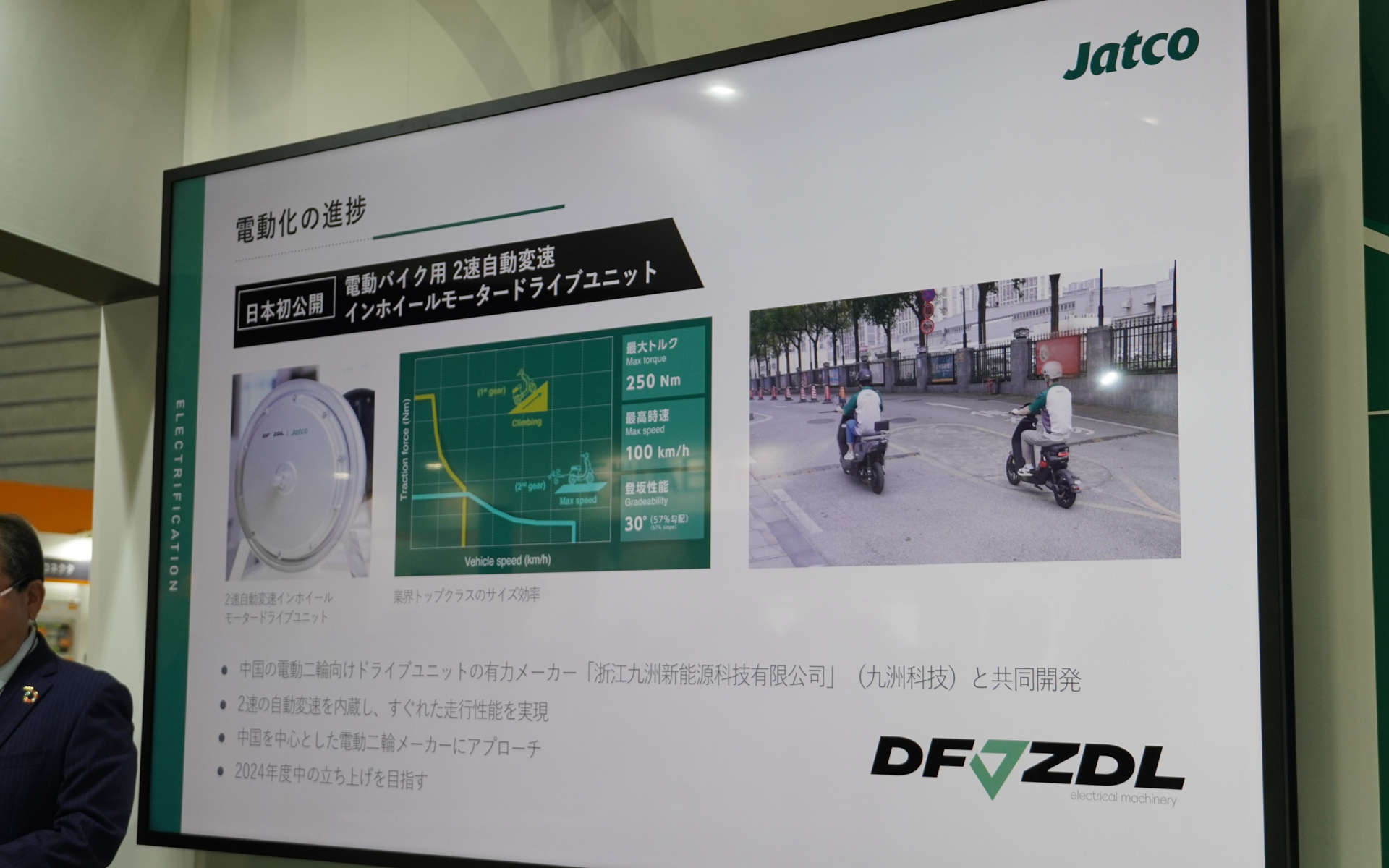 バイク用のモータードライブユニット。2段変速で最高速は100km/h