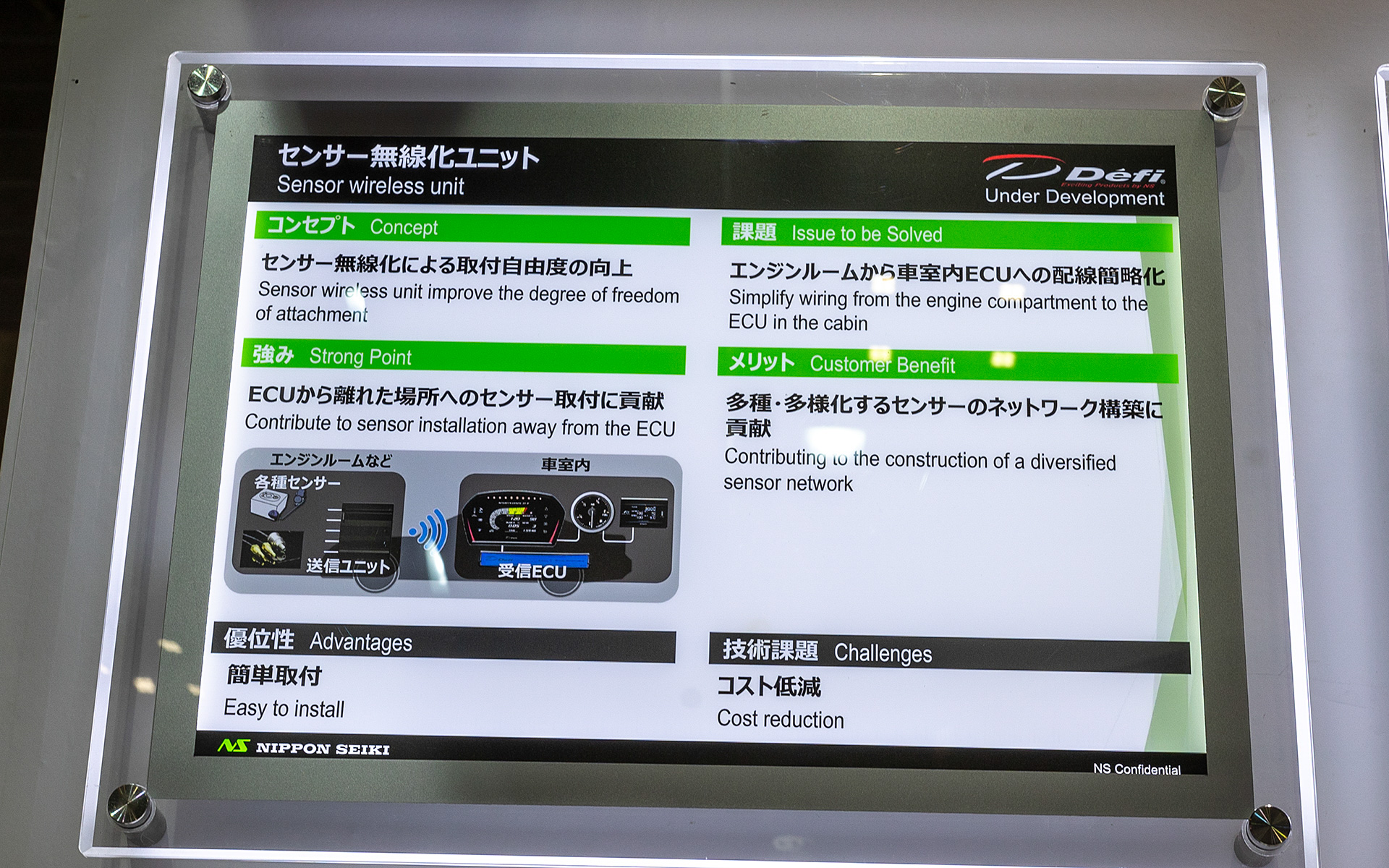 センサー無線化ユニットの解説ボード。センサーと表示機を無線でつなぐことで取り付けの自由度が向上する。また、多種のメーターを付けていく際のネットワーク構築がしやすいと言うメリットもある。これは日本精機のアフターパーツ部署であるDefiの技術