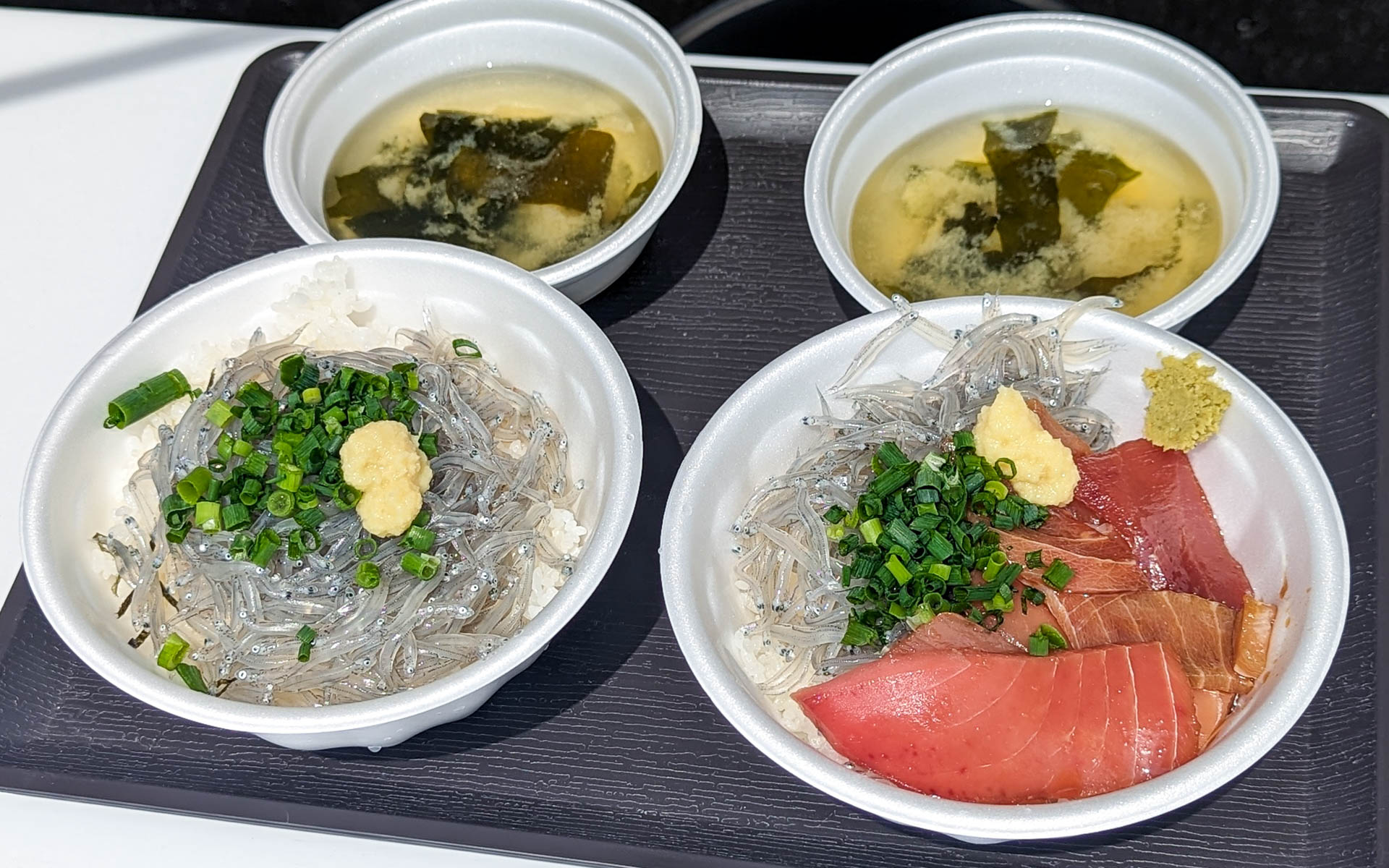 生しらすたっぷりの生しらす丼＆生しらすと用宗丼A（生しらすとマグロ漬け）。めちゃくちゃおいしいのでおなかがすいていたら1人2杯分は軽く平らげられる（かもしれない）