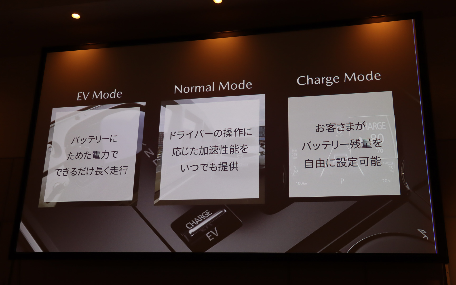「EVモード」「Normalモード」「Chargeモード」の3種類を用意