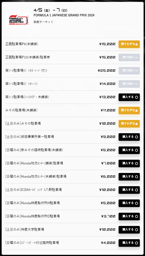 発売開始から18分後、チケット購入後でゆとりができたので駐車場の売れ具合なども確認