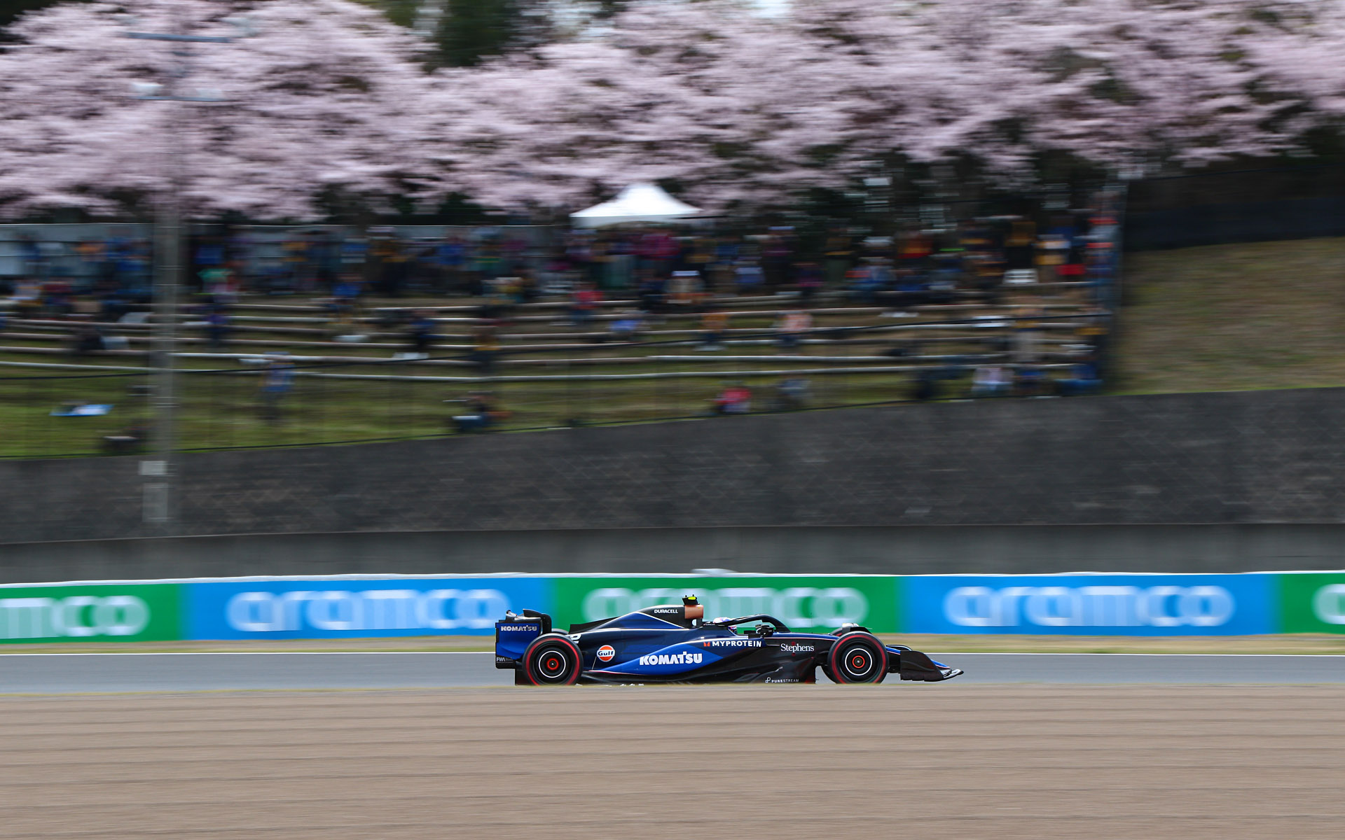 カメラマンエリアの土手の桜が入るように焦点距離55mmで撮影