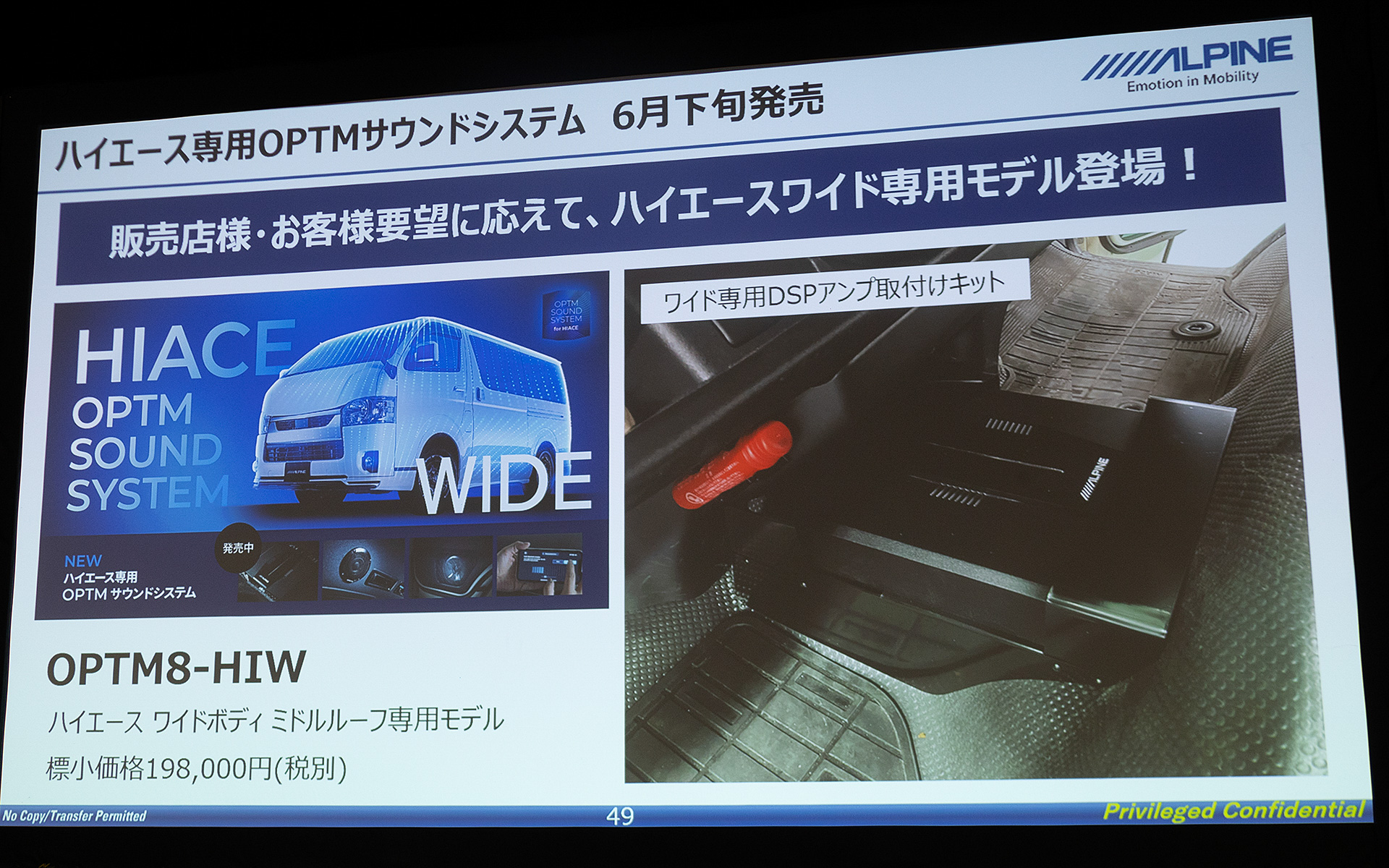 8チャンネル DSP パワーアンプ/ルーフスピーカー（前席ルーフ+後席ルーフ）/ドアウーファー/取り付けキットによるOPTMサウンドシステムにハイエースワイド用が設定された。こちらはスマホアプリで音響チューニングが可能、発売は6月下旬予定