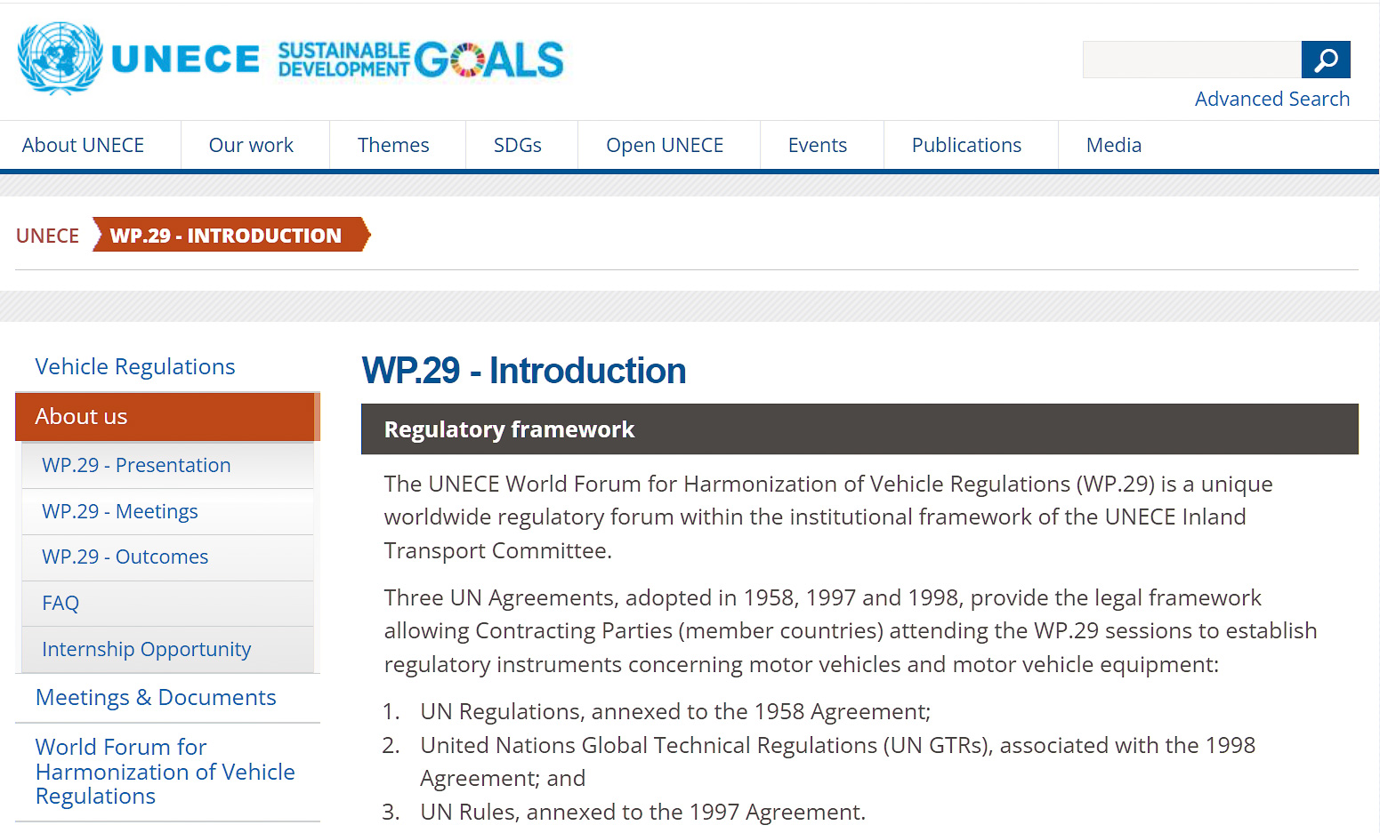 国際連合の下部組織であるUNECEのWP29サイト。自動車の国際的な認証について、自動車基準調和世界フォーラムとしての話し合いが常に行なわれている