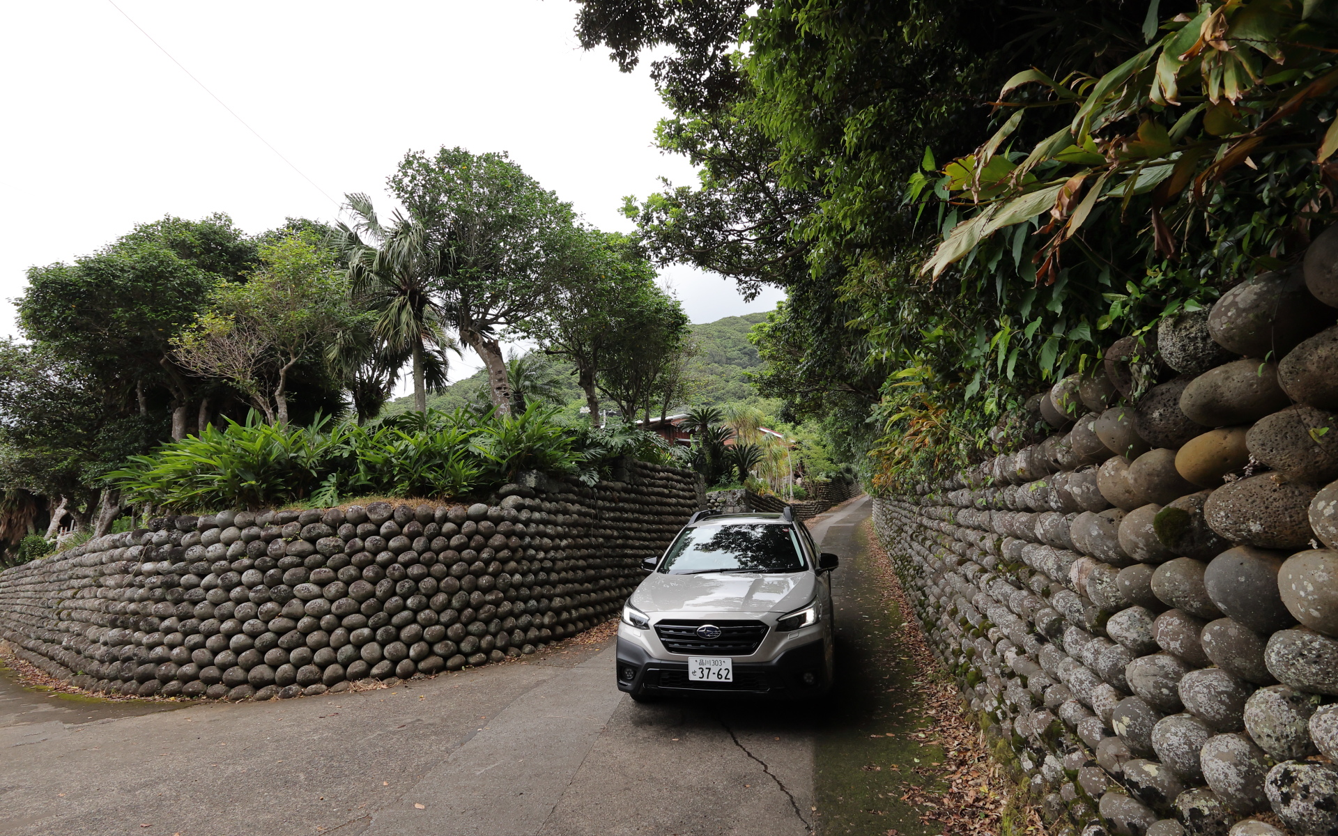 六方積みという手法で規則正しく積み上げられた玉石垣が続く独特の景観。過去に八丈島に流された罪人たちがおにぎり1個と交換で海岸から玉石を運んだという話もある
