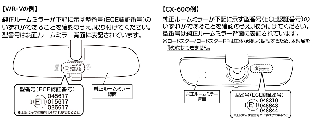 適合を調べる際は、純正ミラー背面にあるECE認証番号を確認のうえ、製品情報から適合を確認のこと