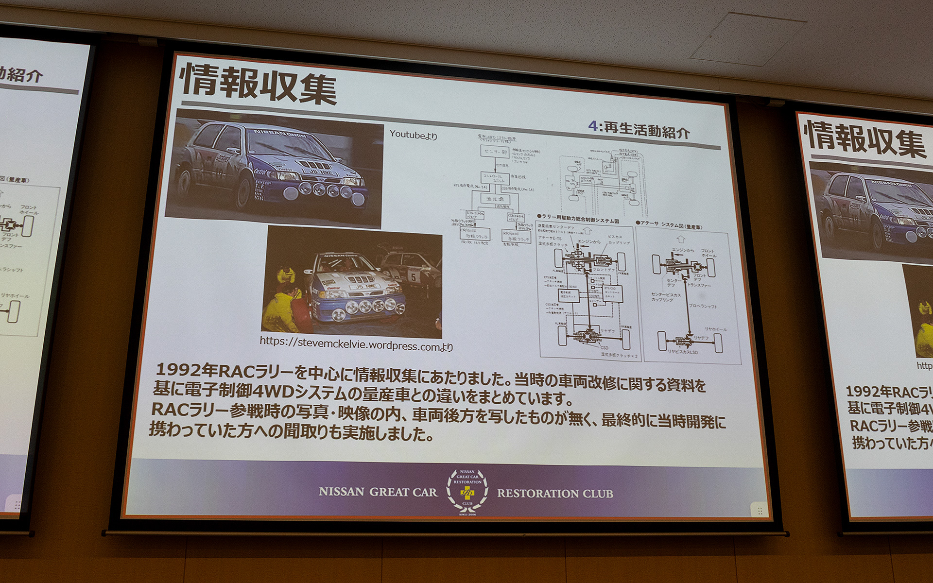 再生作業前の情報収集。量産車とは違う4WDシステムの資料を集めることが大変だったという。リアデフはいくつのセンサーからの信号をもとにデフの効きを左右別々に制御する制御になっている