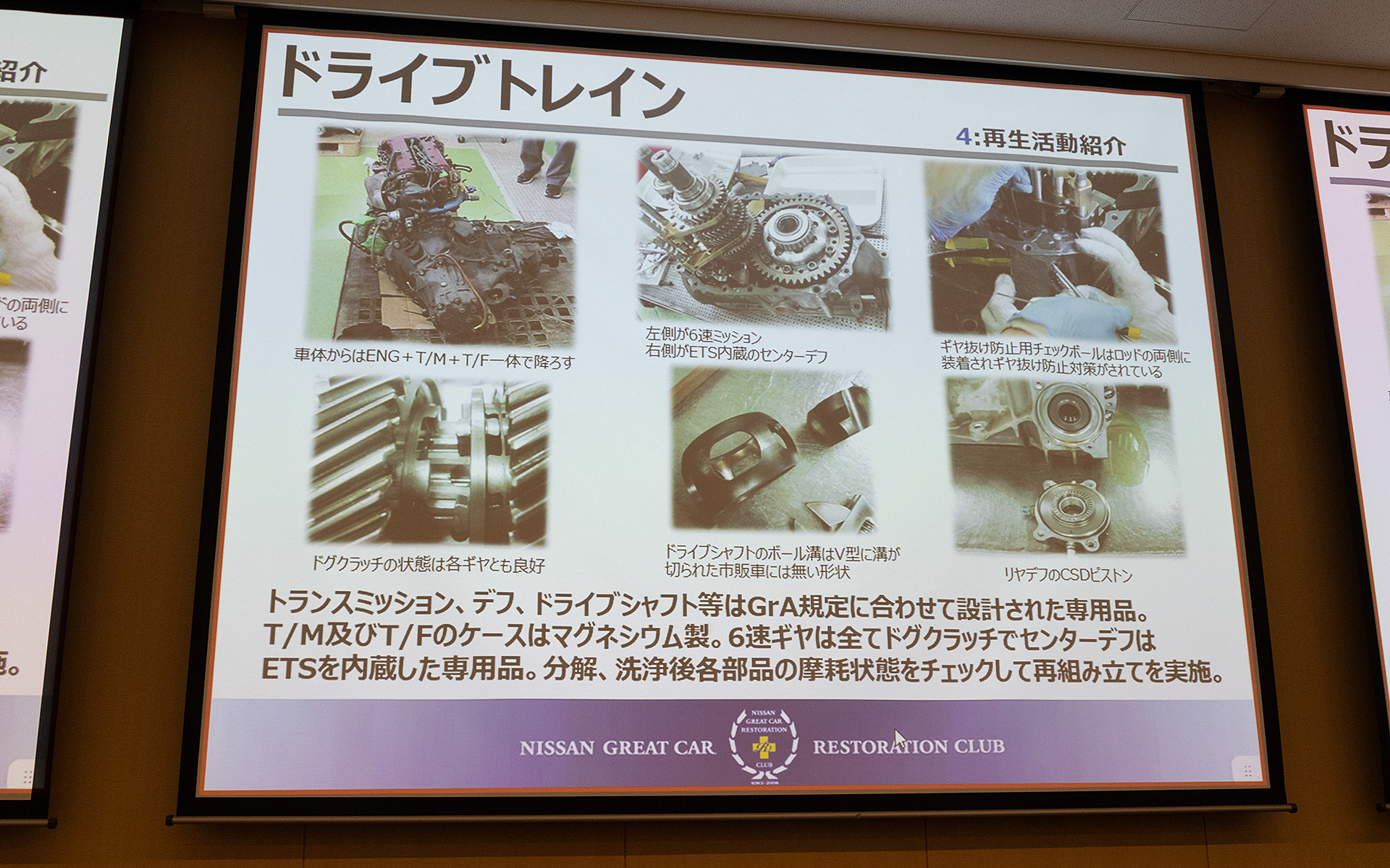 ドライブトレインの再生作業を紹介する資料。特殊なミッションだったため、担当メンバー全員が構造を理解するまで組み立てに入らなかったとのこと。こうした部分はクラブの趣旨に沿ったものだ