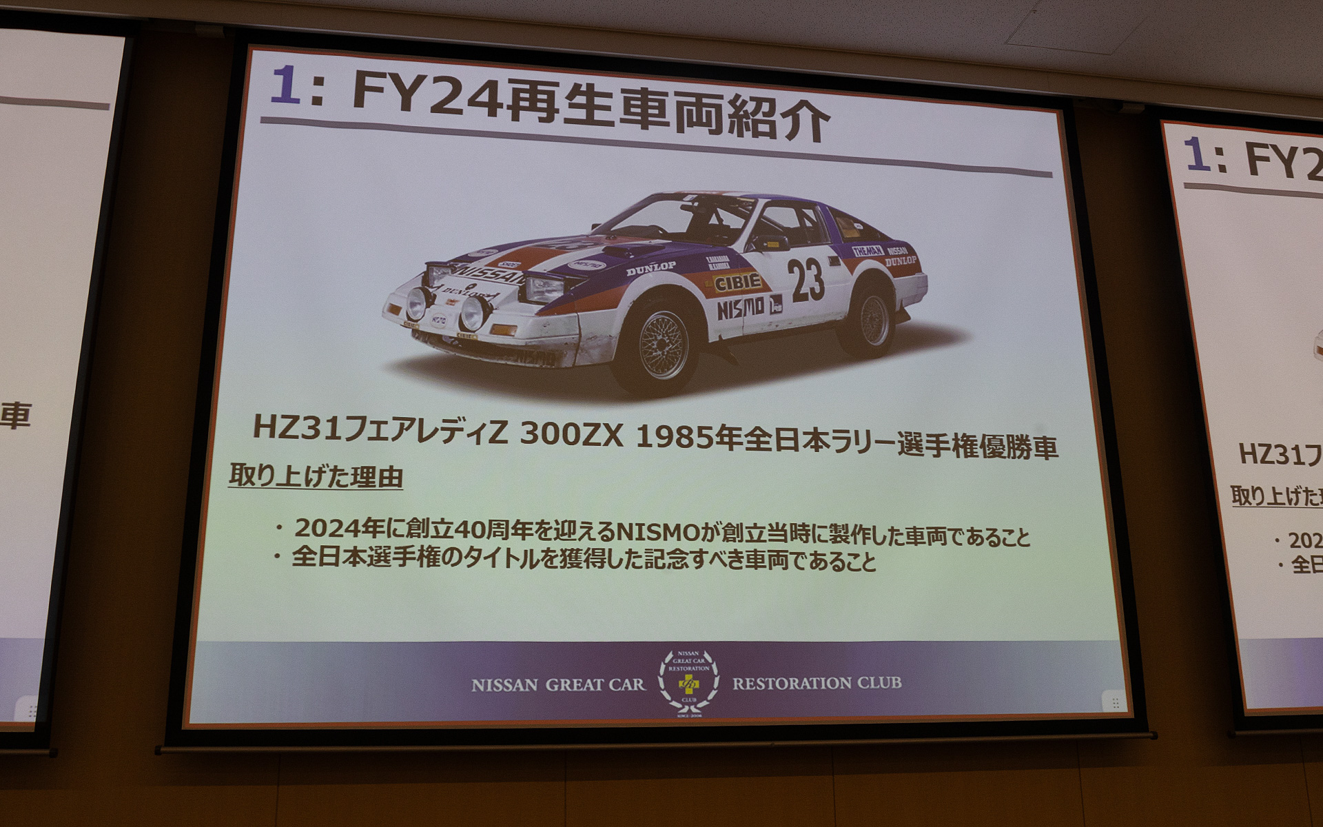 今年の再生車両は1985年に全日本ラリーで優勝したHZ31フェアレディZ 300ZX