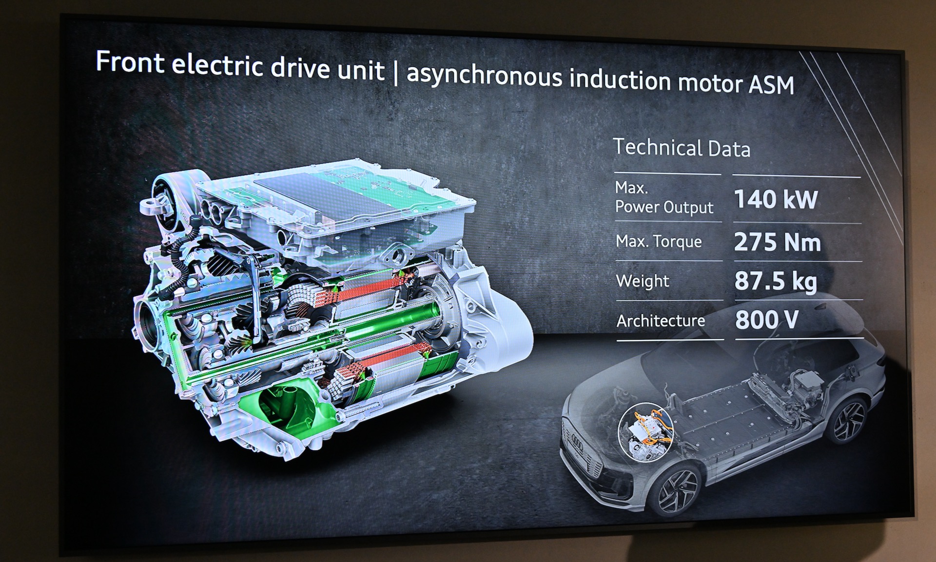 PPEについてはフロントアクスルに140kW/275Nmを発生する重量87.5kgのASM（非同期機）モーター、リアアクスルにはヘアピンコイルを使用し、重量118.5kg、280kW/580Nmを発生するPSM（永久磁石同期電動機）モーターを搭載