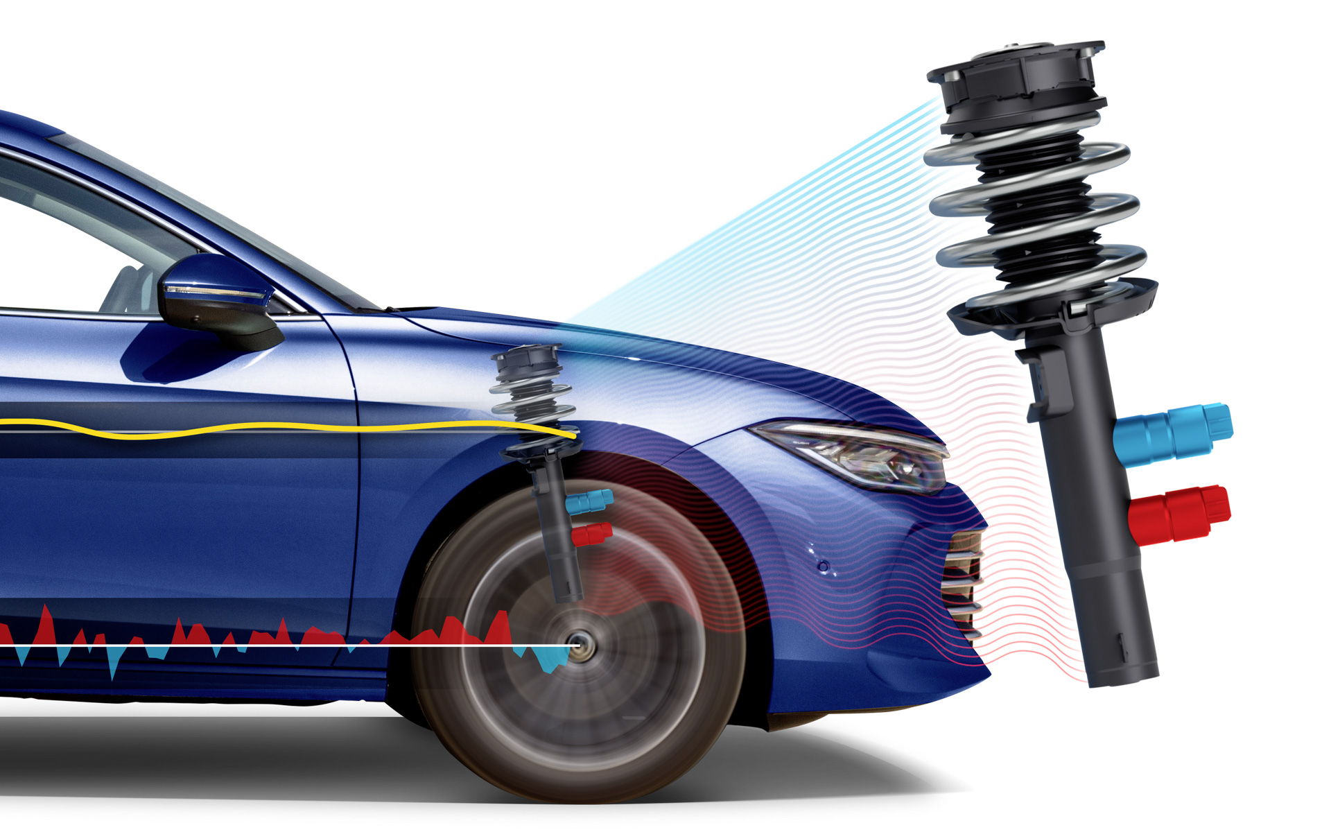 アダプティブ シャシーコントロールは伸び側と縮み側を制御する2バルブ式のショックアブソーバーを新採用