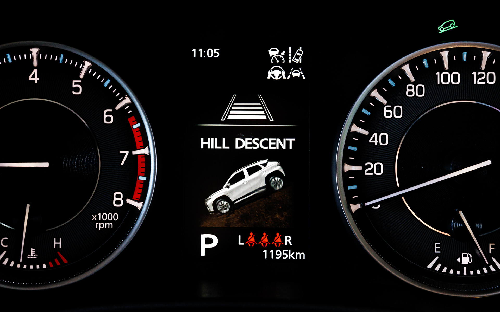 4WD車はヒルディセントコントロールやグリップコントロールの状態も表示可能