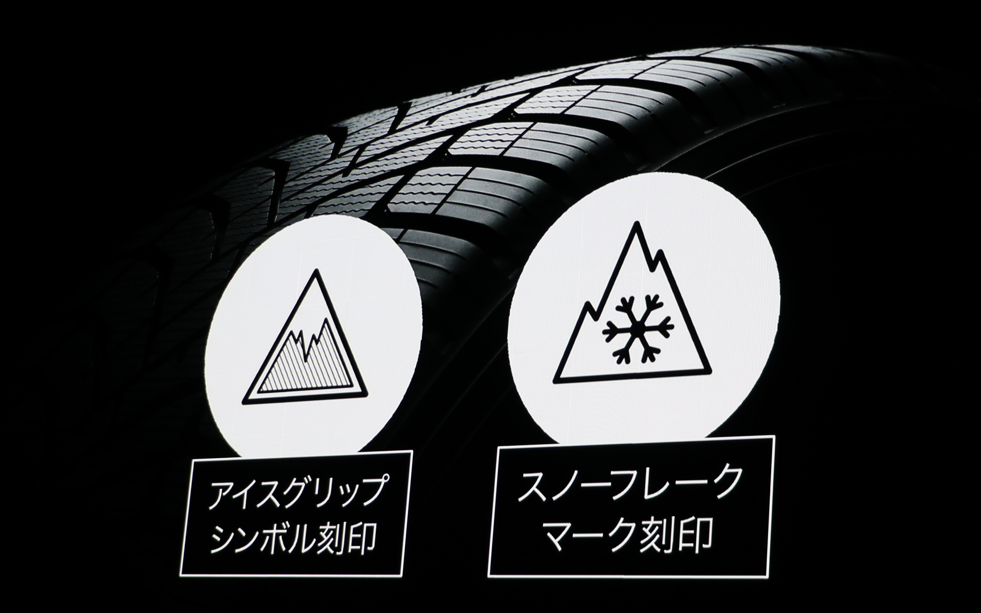 シンクロウェザーに刻印されているマーク。アイスグリップシンボルが入るオールシーズンタイヤは世界初とダンロップはいう