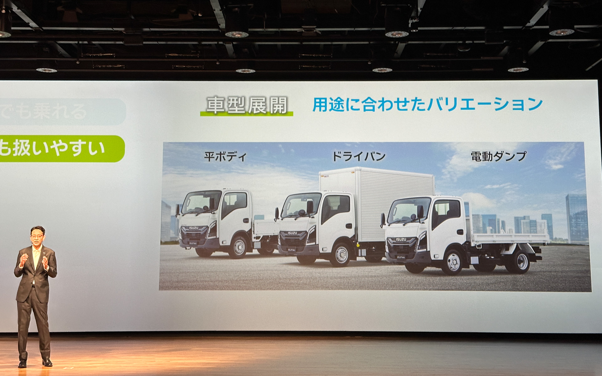 完成車ラインアップとして、「平ボディ」のほか、エルフミオ専用の「軽量ドライバン」や「電動ダンプ」を完成車としてラインアップ
