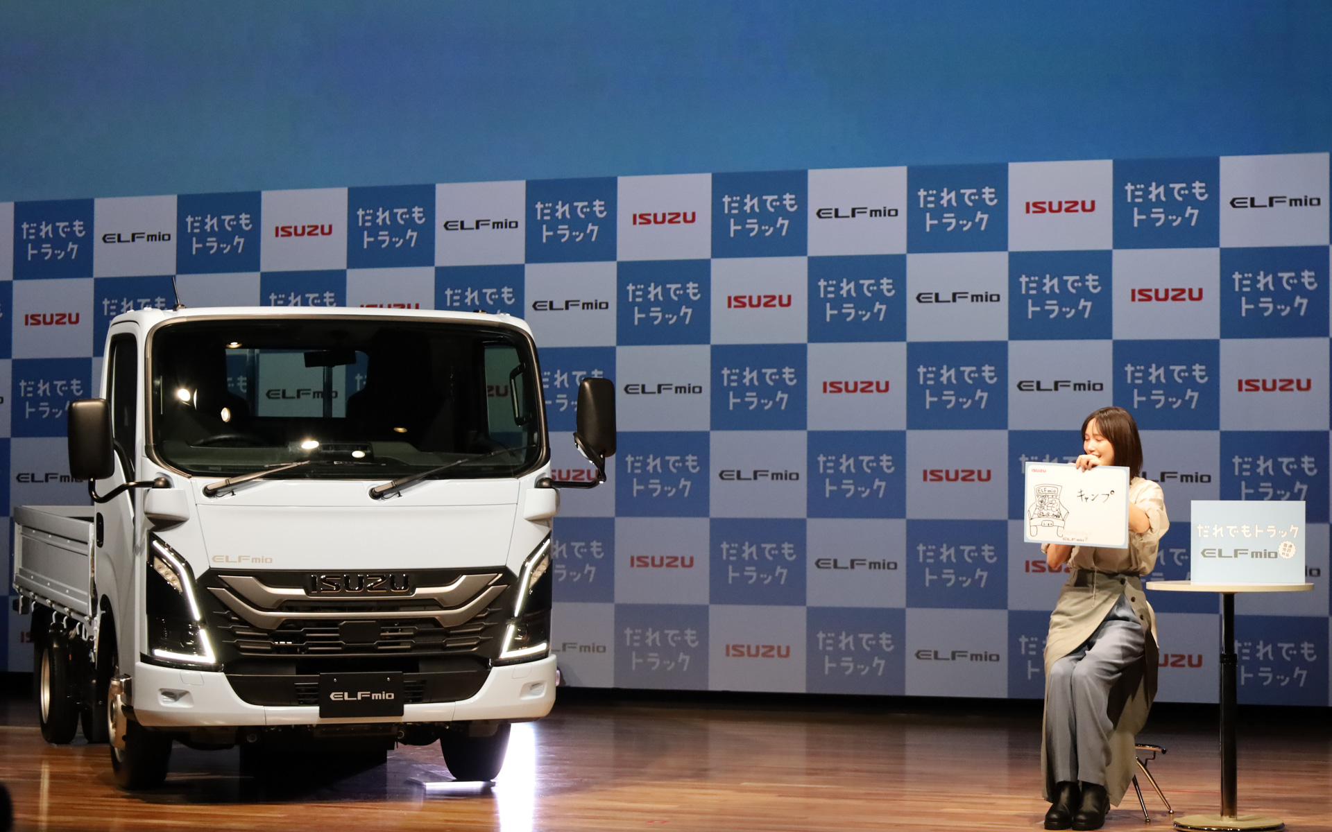 キャンプに活用してみたいと話す本田さんに、東京オートサロン2024に出展されたトラックの新しい使い方を提案するコンセプト車両「ELFmio OUTDOOR EDITION」が紹介された