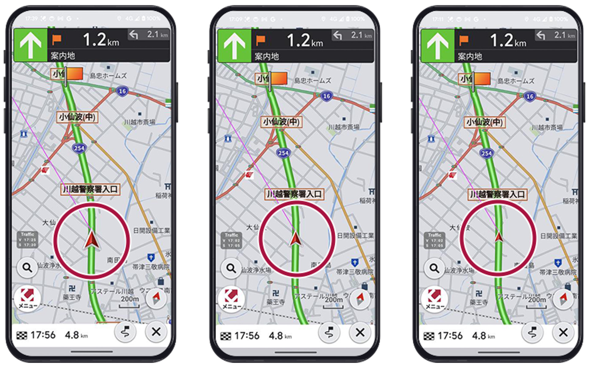 「目的地方向目安線」の表示と、自車位置マークのサイズ変更（大・中・小）に対応