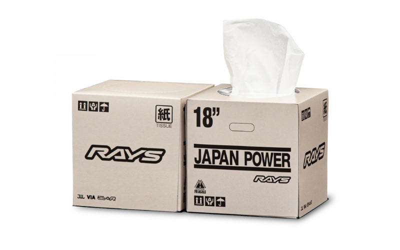 レイズ、ホイール梱包箱風「BOXティッシュ」とブランドロゴをあしらっ