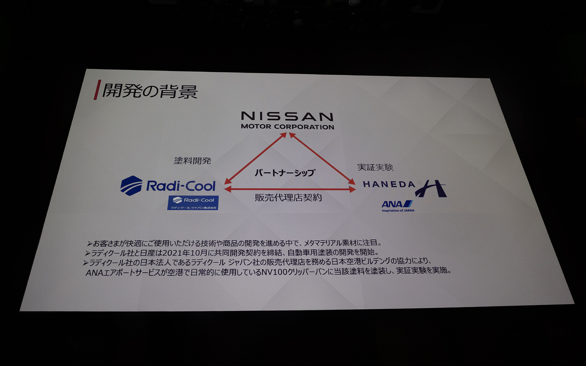 日産主導のもと、ラディクール社、日本空港ビルデングの協力により開発が行なわれている