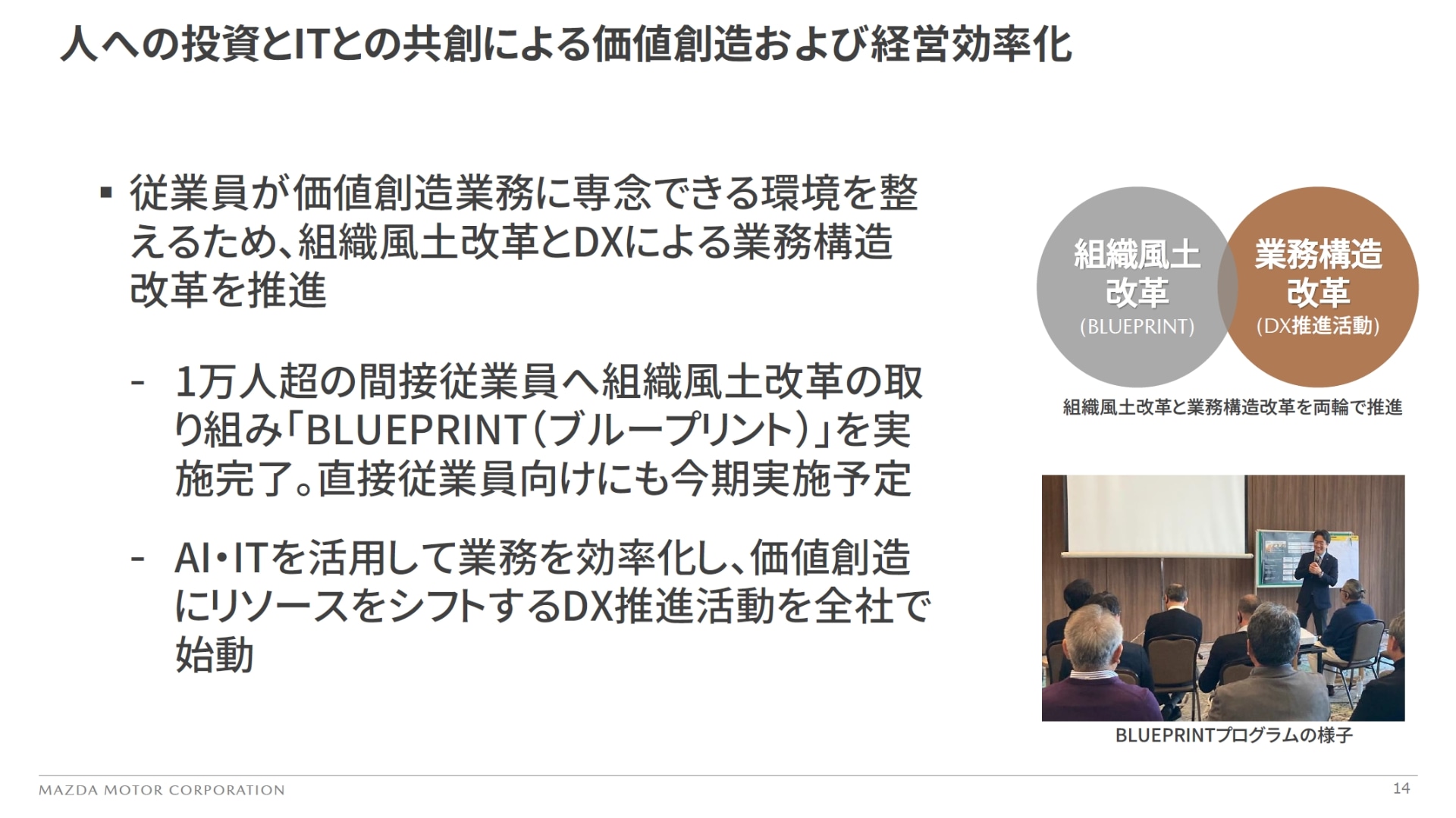 組織風土改革の「ブループリント」、業務構造改革の「DX推進活動」も引き続き推進