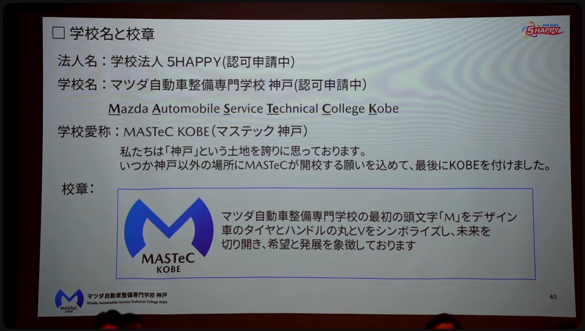 Mの文字を基調に、タイヤとステアリングをシンボライズした校章を採用する