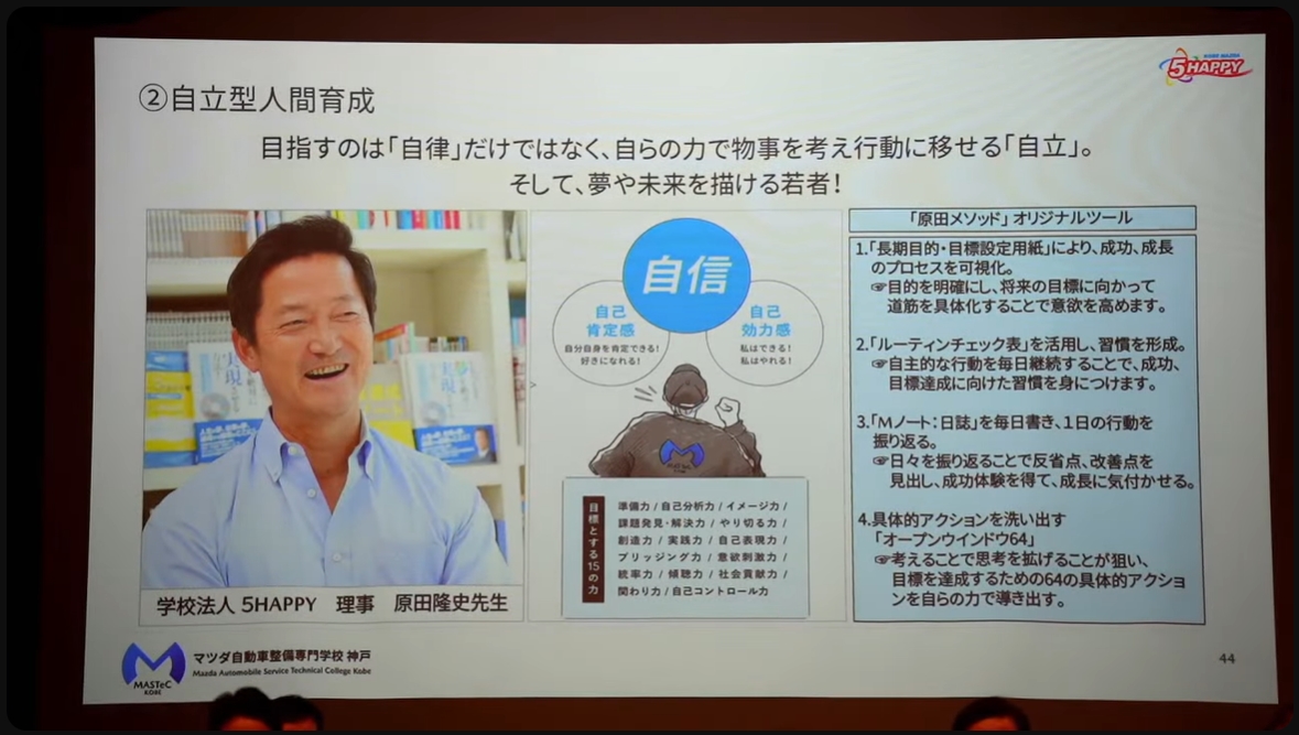 「自立型人間育成」については続いて登壇する原田隆史氏に説明が託された