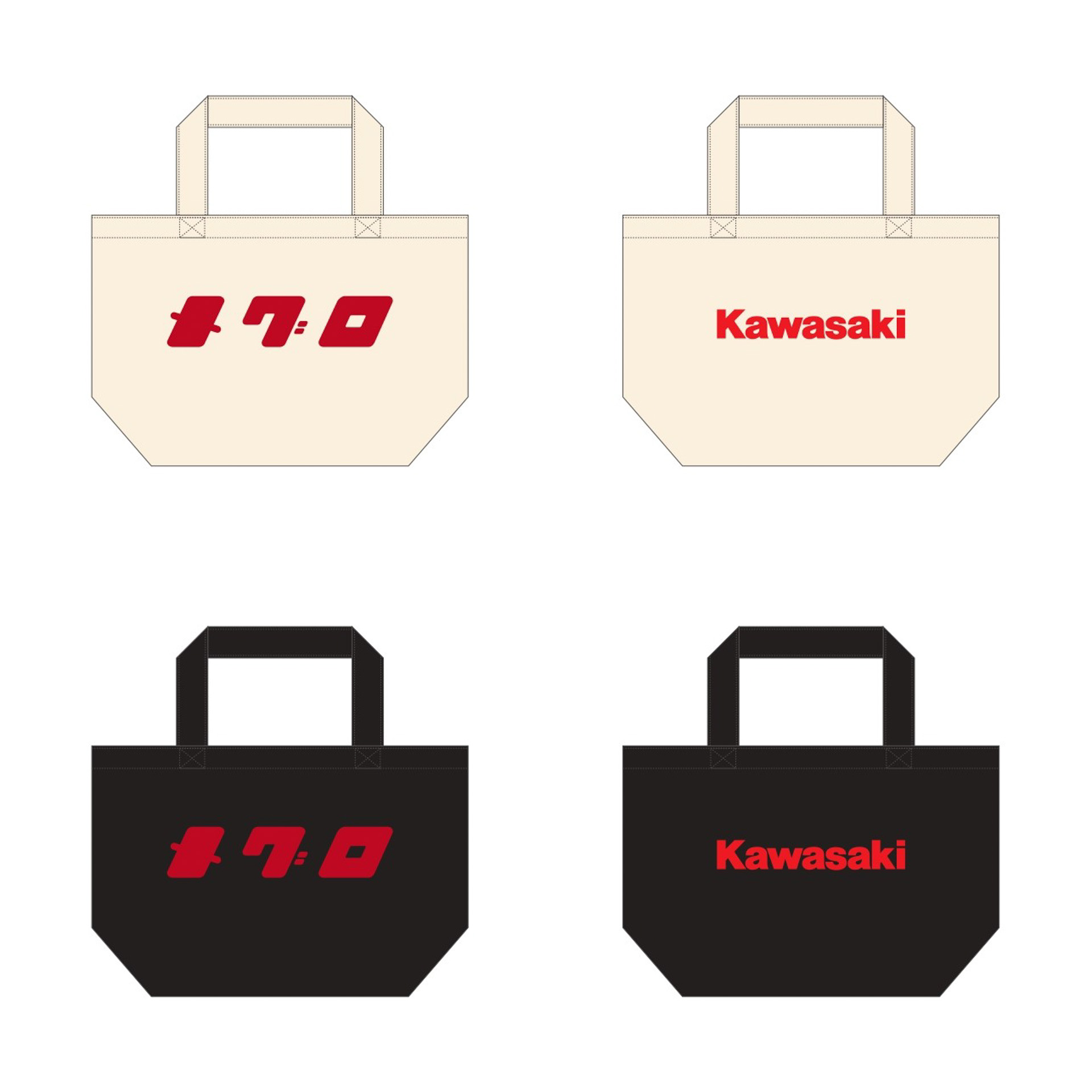 カワサキ キャンパストートバッグ（メグロロゴ）、ナチュラル、ブラックの2色、メグロのカタカナロゴプリント入り、裏面にkawasaki（赤）ロゴ入り、価格1650円
