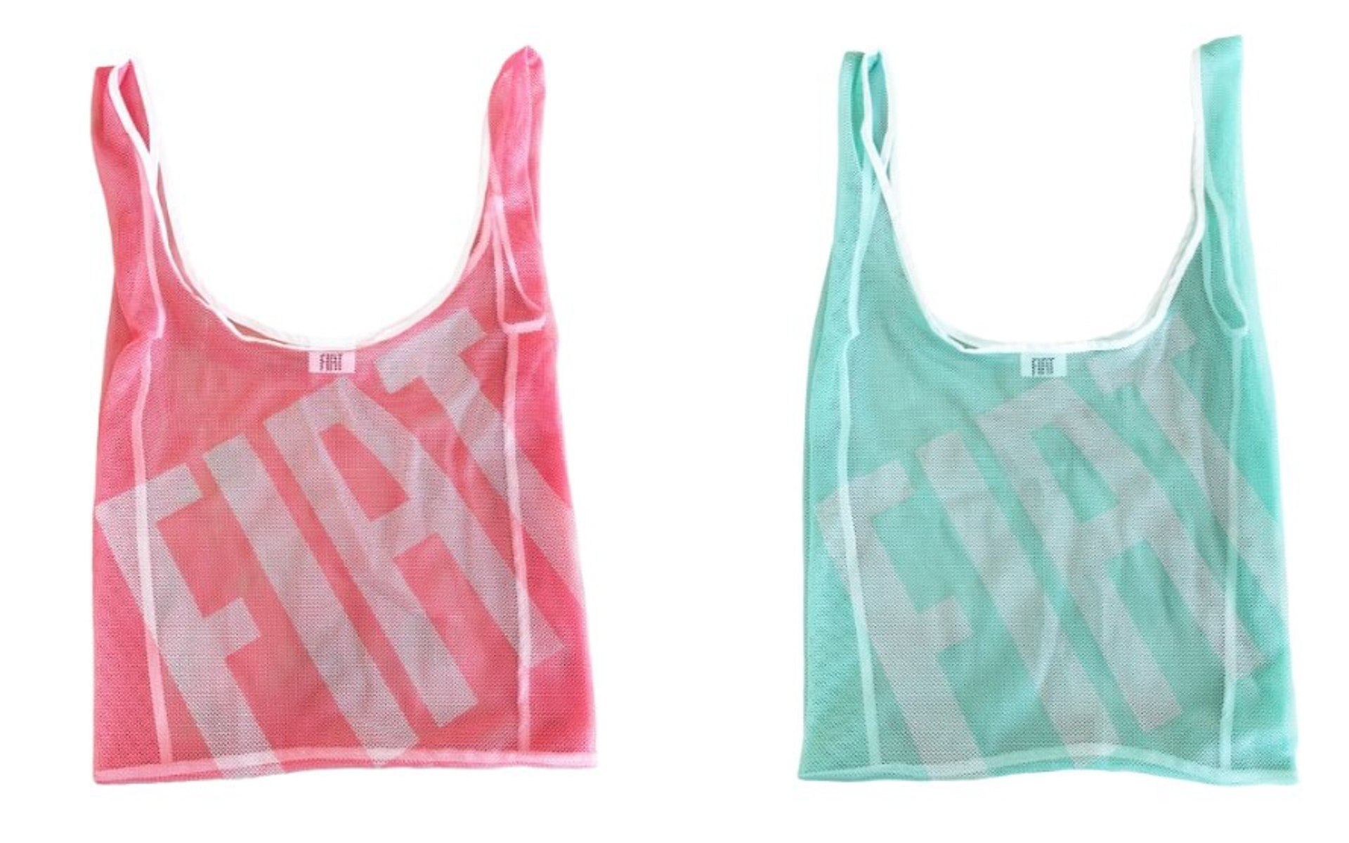 フィアットオリジナル メッシュトート。サイズ：350×380×80mm（幅×高さ×奥行き）、素材：ポリエステル、カラー：サーモンピンク/ミントグリーン