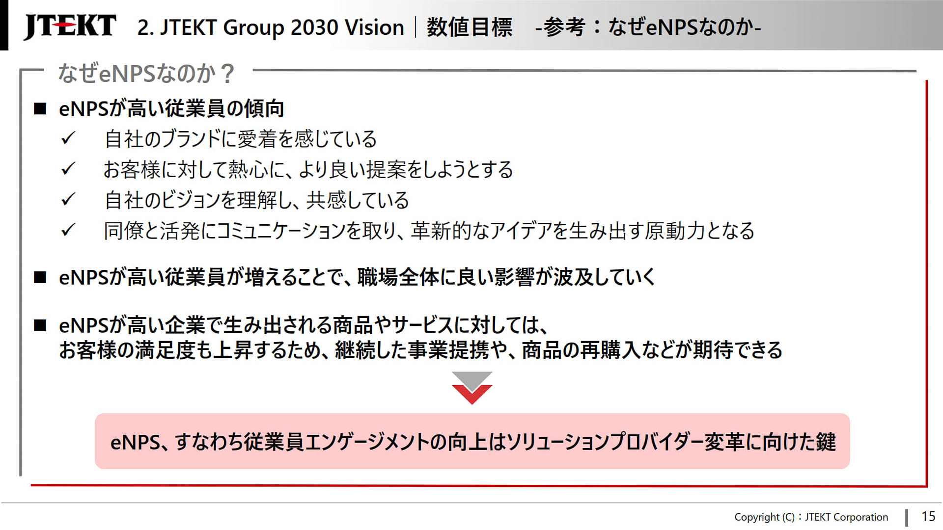 なぜ数値目標にeNPSを定めているのか。近藤社長は実際にトヨタのものづくり開発センター時代に使っていたといい、エンゲージメントが高くなるとそれにつれて組織のパフォーマンスが上がったことを体感したという