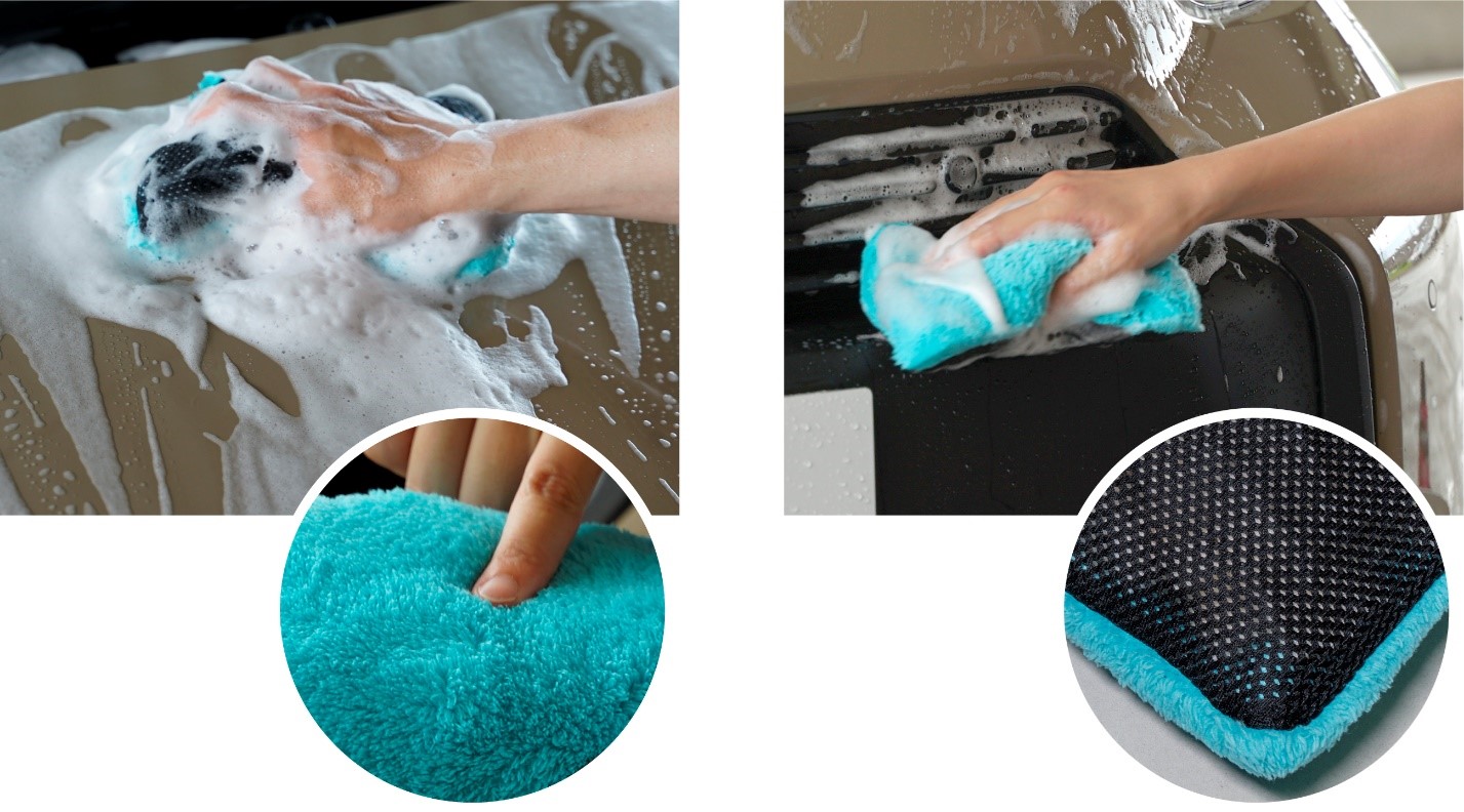 洗浄面は「フリース面」と「メッシュ面」があり使い分けできる