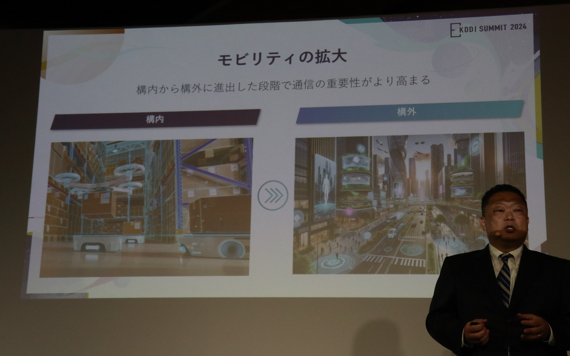 自動運転やロボットといったモビリティは構内から普及して構外に出て行くと予想し、構外でのロボットの活動を5Gなどの通信で支えていく