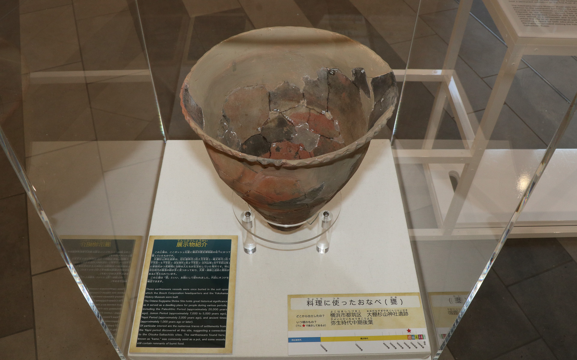 横浜市営地下鉄の線路を挟んで「横浜市歴史博物館」が隣接し、近隣に弥生時代などの遺跡が数多く存在することを受け、遺跡から出土した弥生時代の土器も展示されている