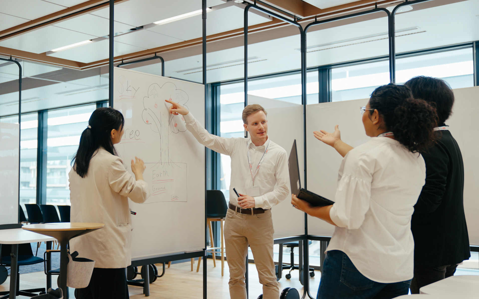 可動式でホワイトボードとしても使えるパーティションを利用してミーティングルームをフレキシブルに設定し、プロジェクトのアイデアなどを話し合える「アジャイル・ゾーン」（写真提供：ボッシュ）