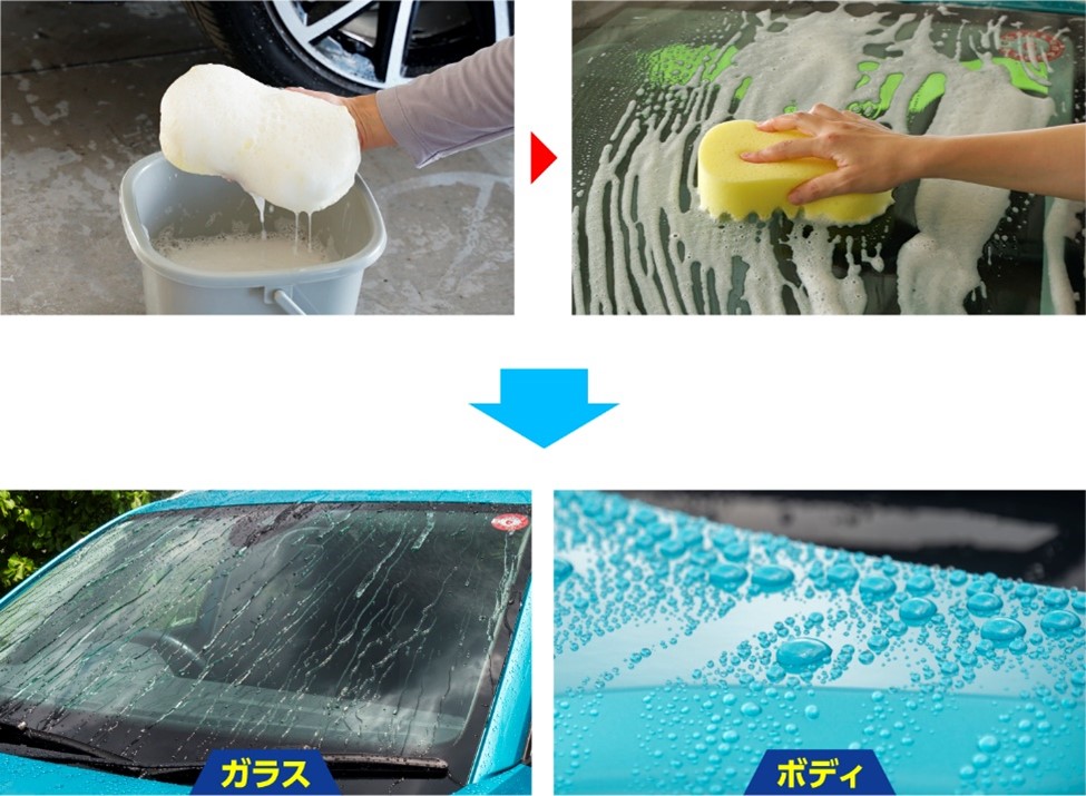 汚れ落としと同時にボディだけでなくガラスにも撥水コーティング被膜を形成できる