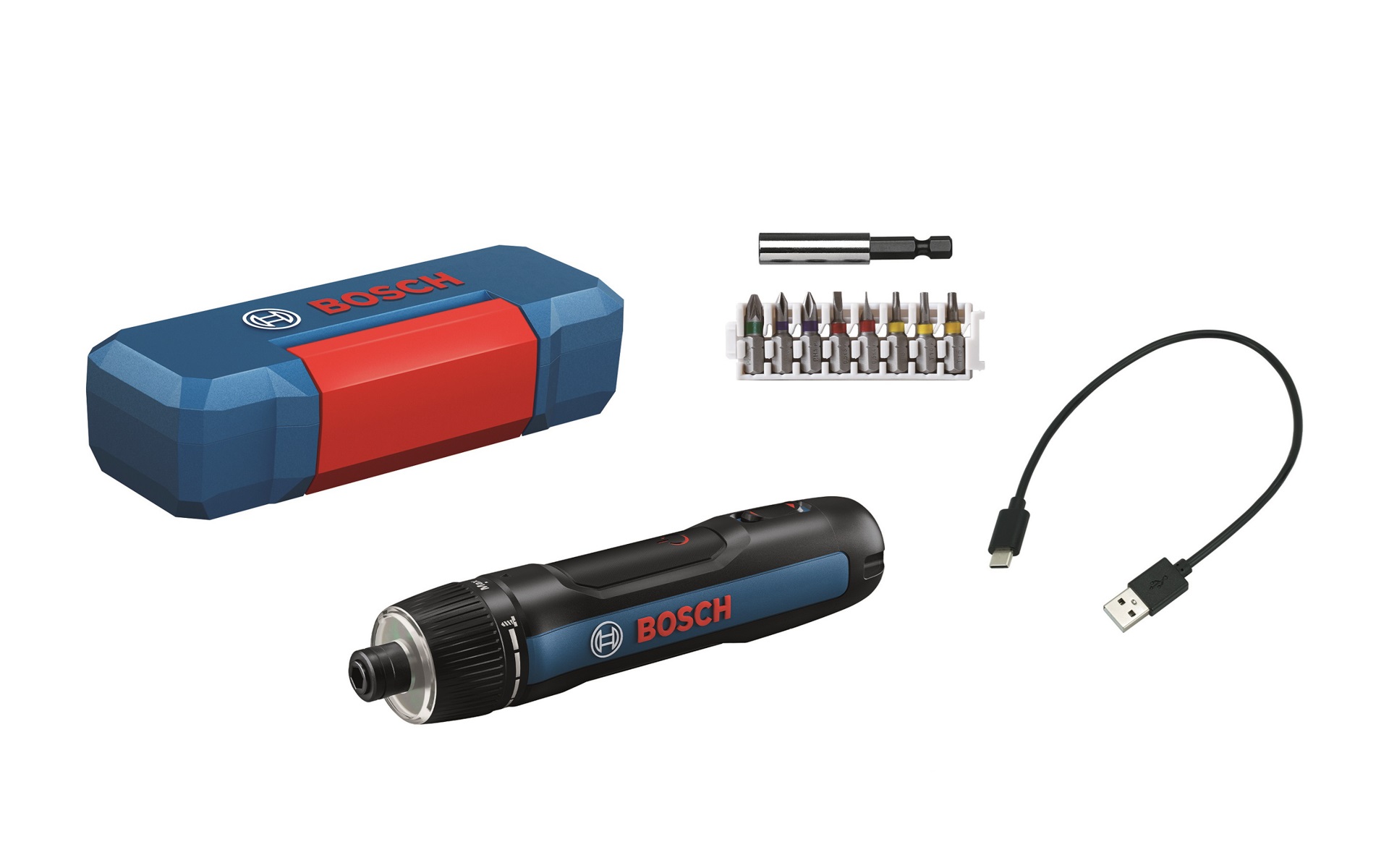 製品には、USB Type-Cケーブル1本、ビットセット（8本入り）、延長ビットホルダー1個、専用ケース1個が付属する