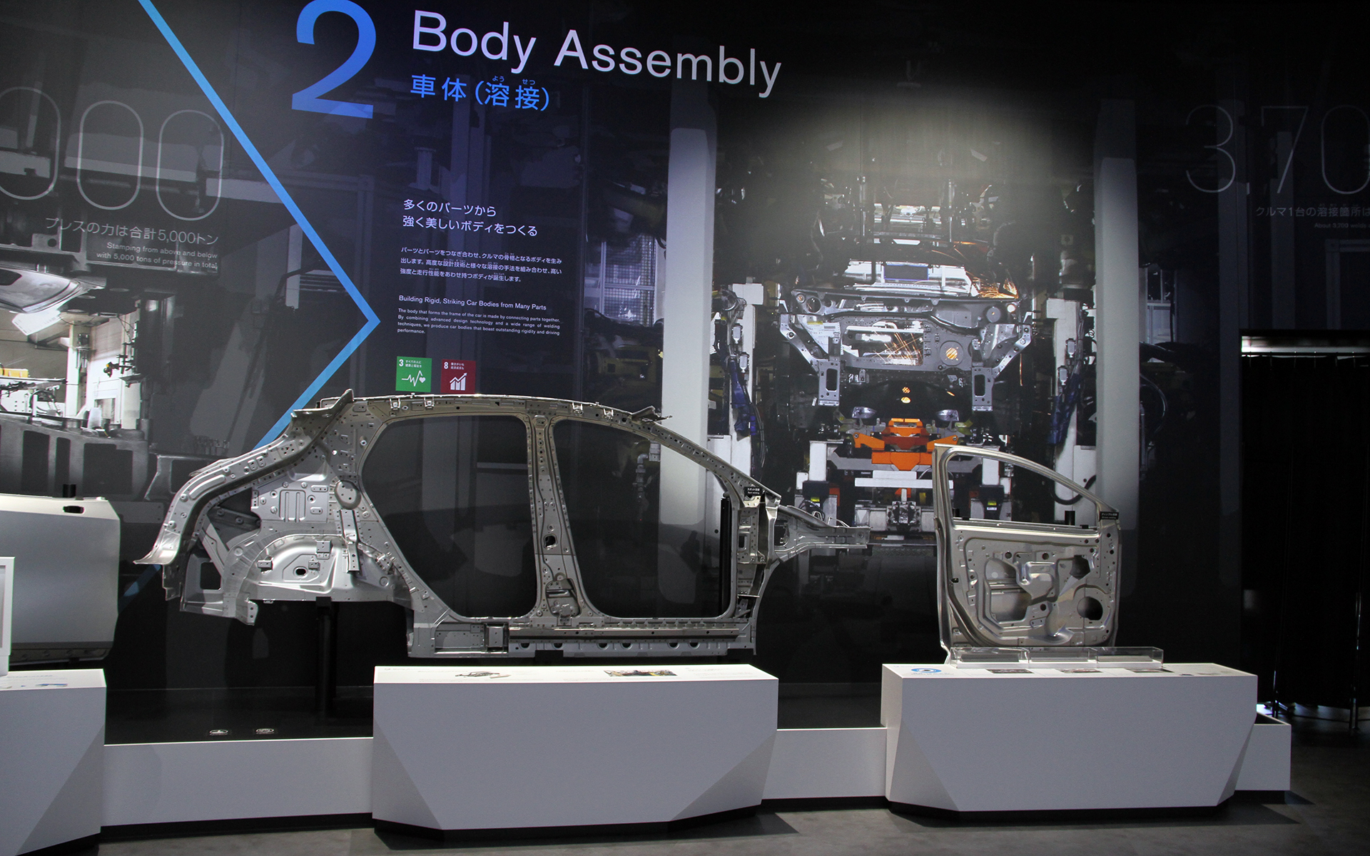 車体（溶接）についての紹介。スポット溶接、ディンプル溶接、レーザーブレージングの解説も