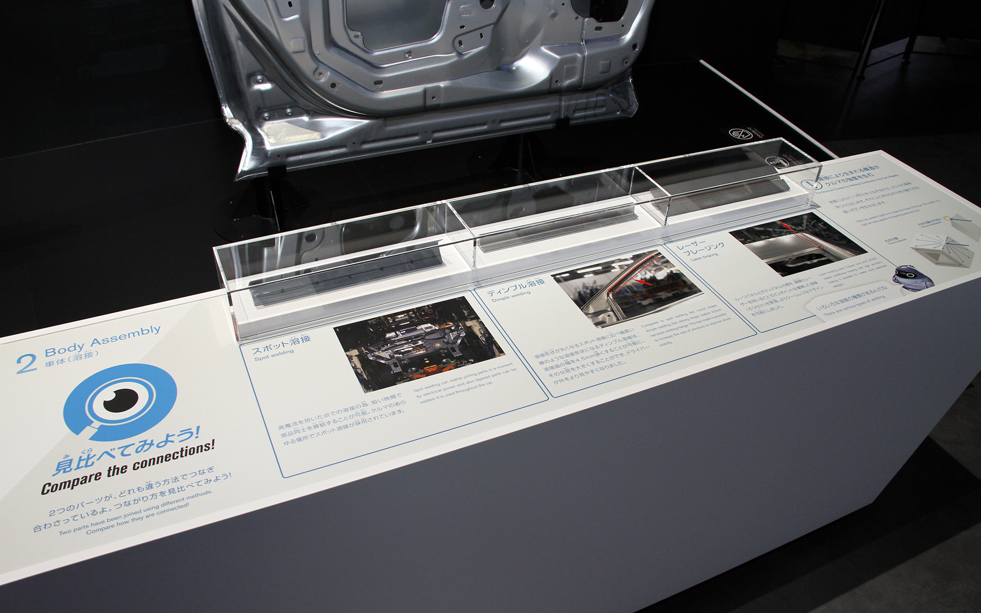 車体（溶接）についての紹介。スポット溶接、ディンプル溶接、レーザーブレージングの解説も