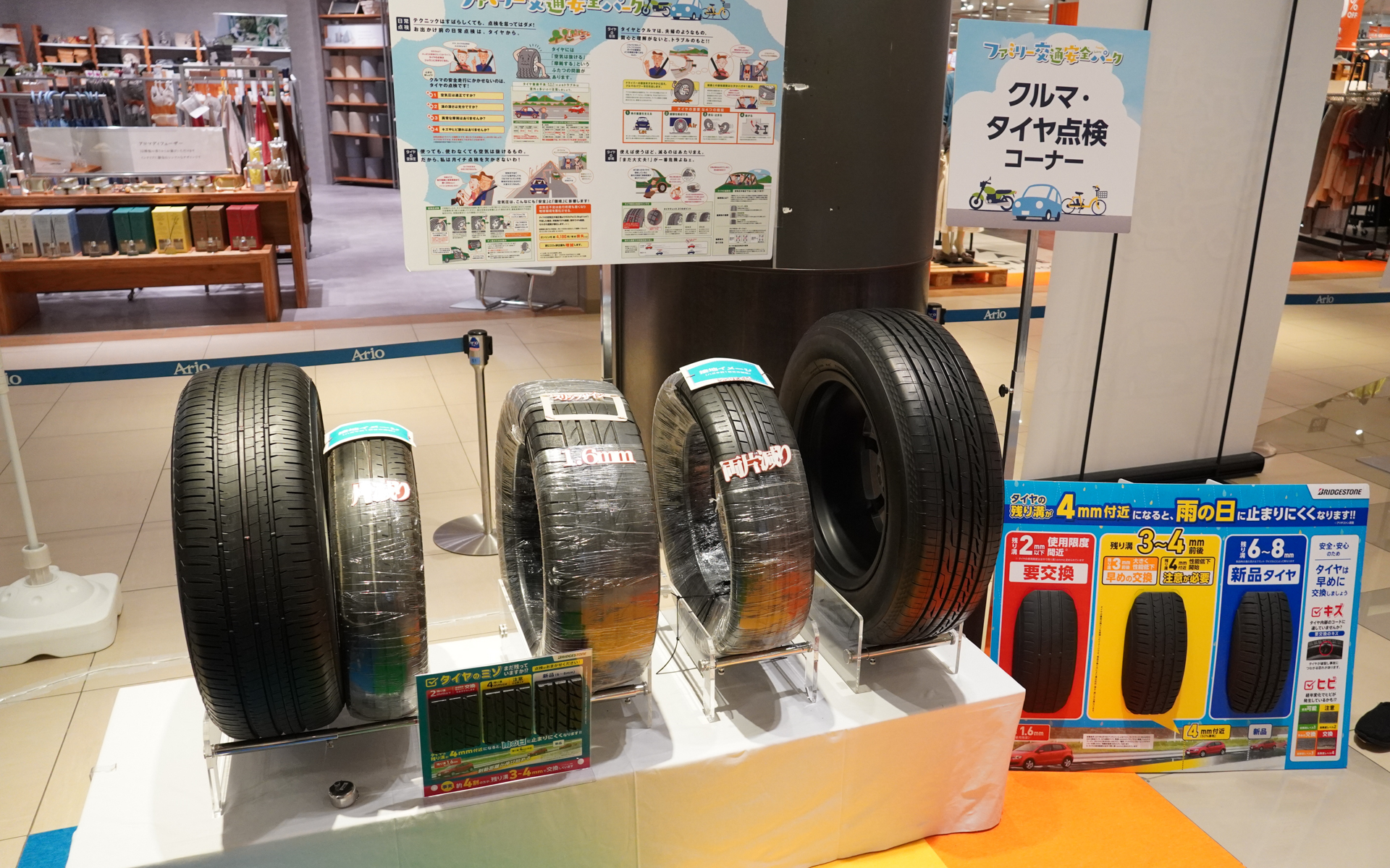 タイヤの溝の状態を確認するコーナー。溝の重要性を説明