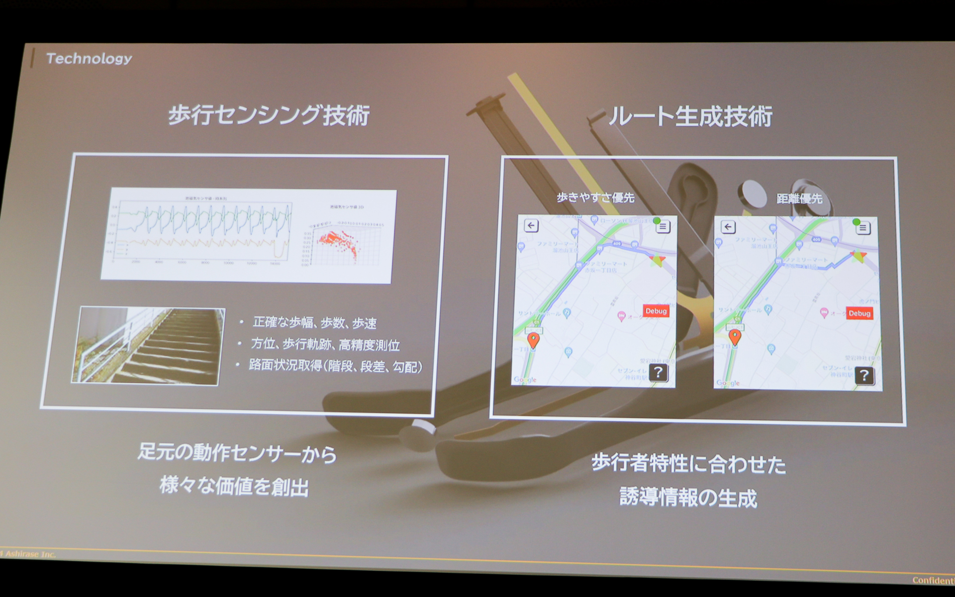 歩行センシング技術とルート生成技術を採用している