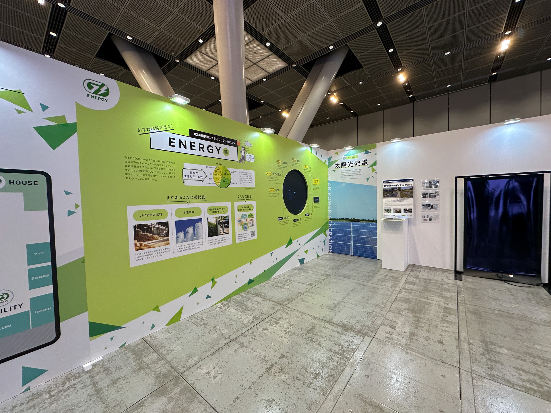 会場ではDXへの取り組みについて「モビリティ」「ハウス」「エネルギー」「フード」の4つのジャンルに関する最新の技術や取り組みを紹介している