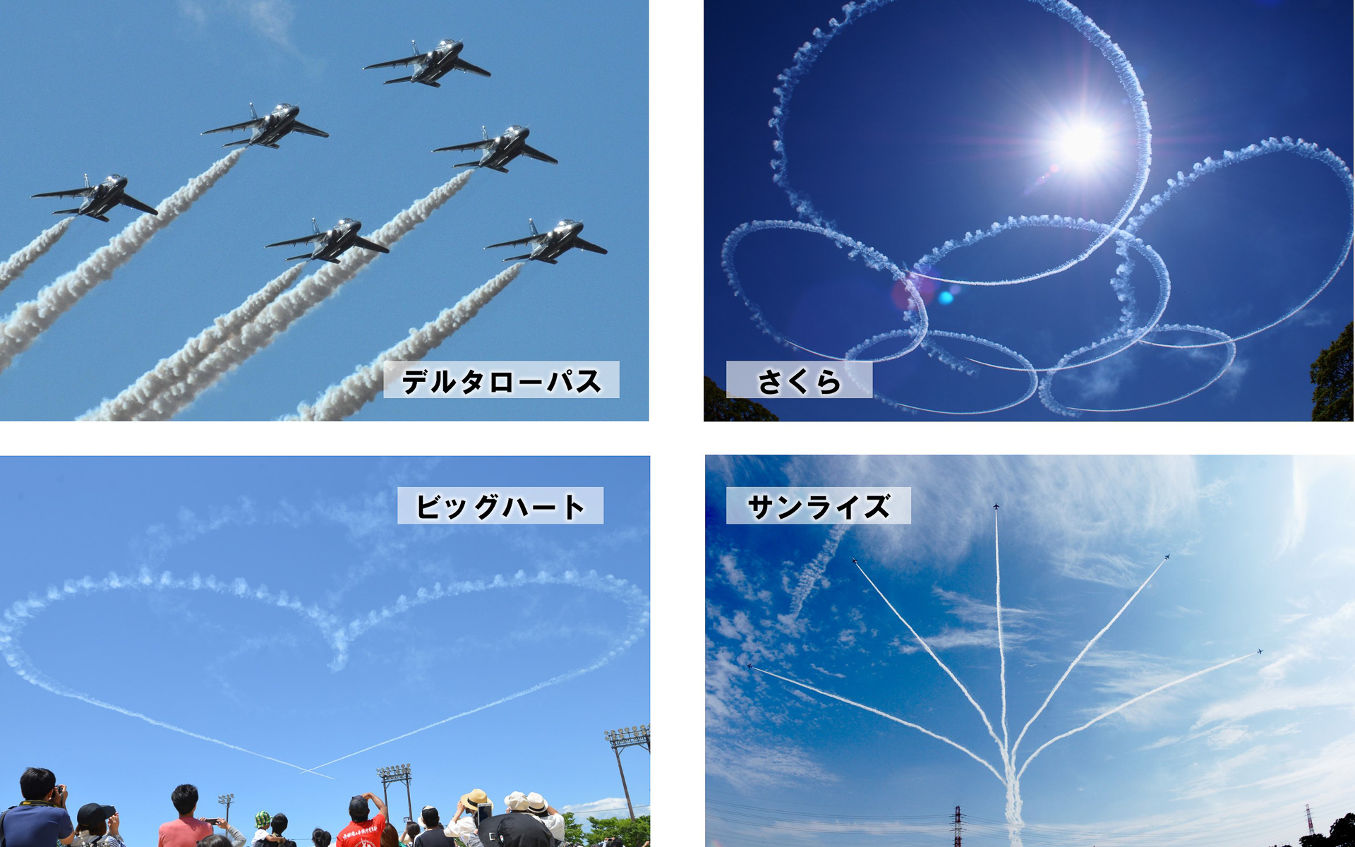 ブルーインパルスの予定演目。事前にアナウンスされるのはめずらしい。もちろん天候よっては変更・中止もありえる