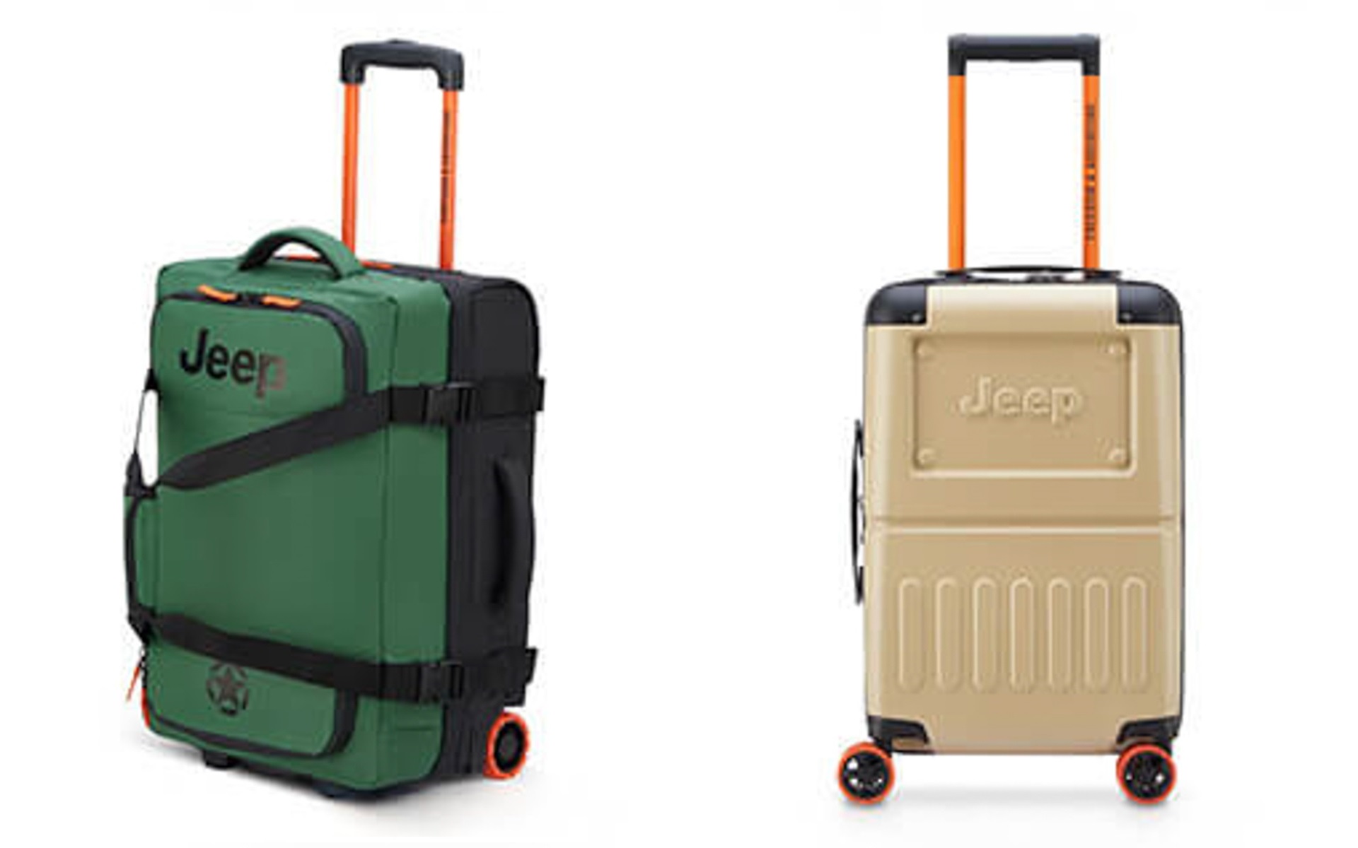 左が1位入賞プレゼントとなるDELSEY PARISジープオリジナルのスーツケース「JEEP CASCADE 73 2W TR DUFFLE」、右が2位入賞プレゼントとなるDELSEY PARISジープオリジナルのスーツケース「JEEP SUMMIT 55 4DW CAB EXP TR CA」