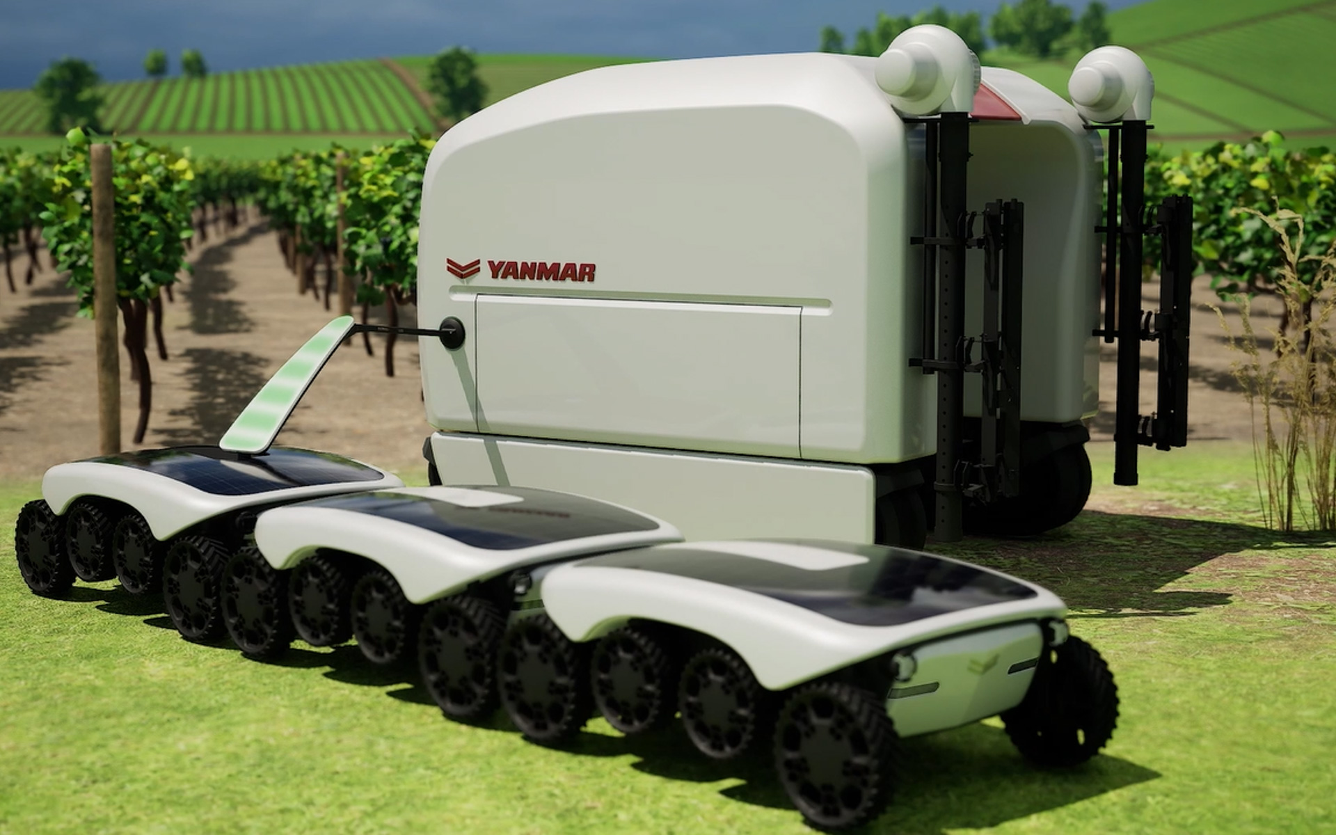 フランスで販売しているワイン用ブドウ畑向け自動農薬散布ロボットに小型バッテリー車が充電する様子も想定