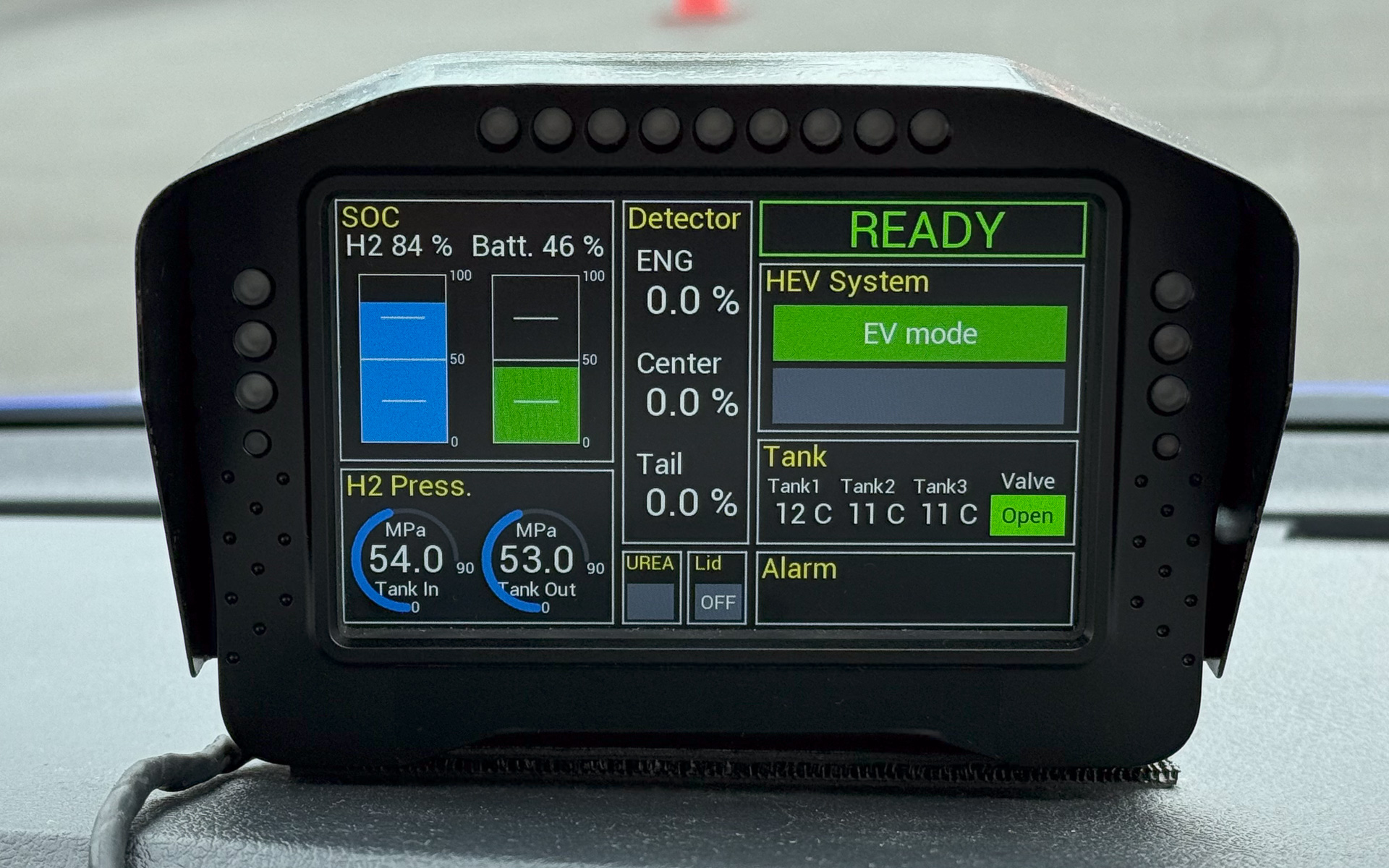 水素ハイブリッドハイエースのモニタ。水素の量やバッテリのSOCが分かる