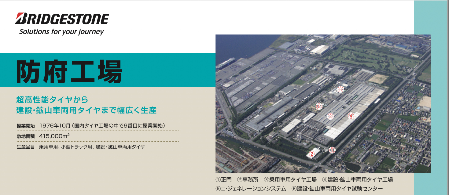 ブリヂストン防府工場ではORタイヤを製造している。事務所の前には工場見学での記念撮影用63インチのORタイヤが置かれている