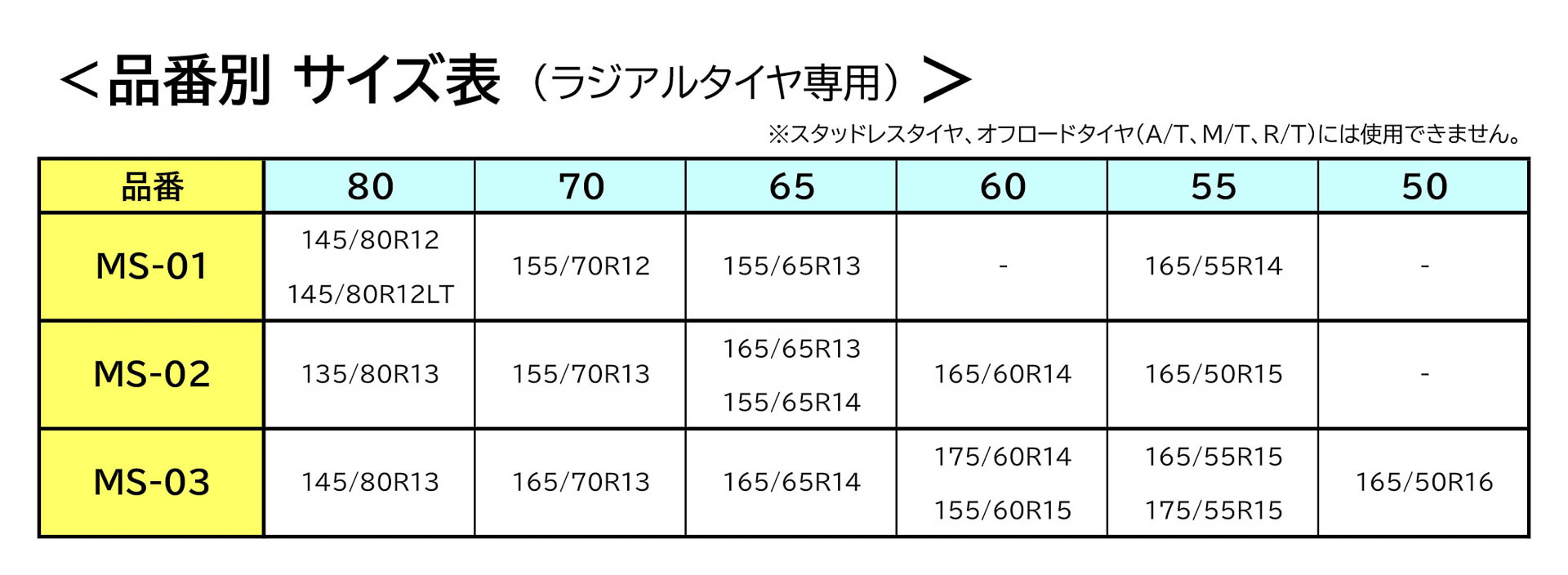 品番別サイズ表（ラジアルタイヤ専用）