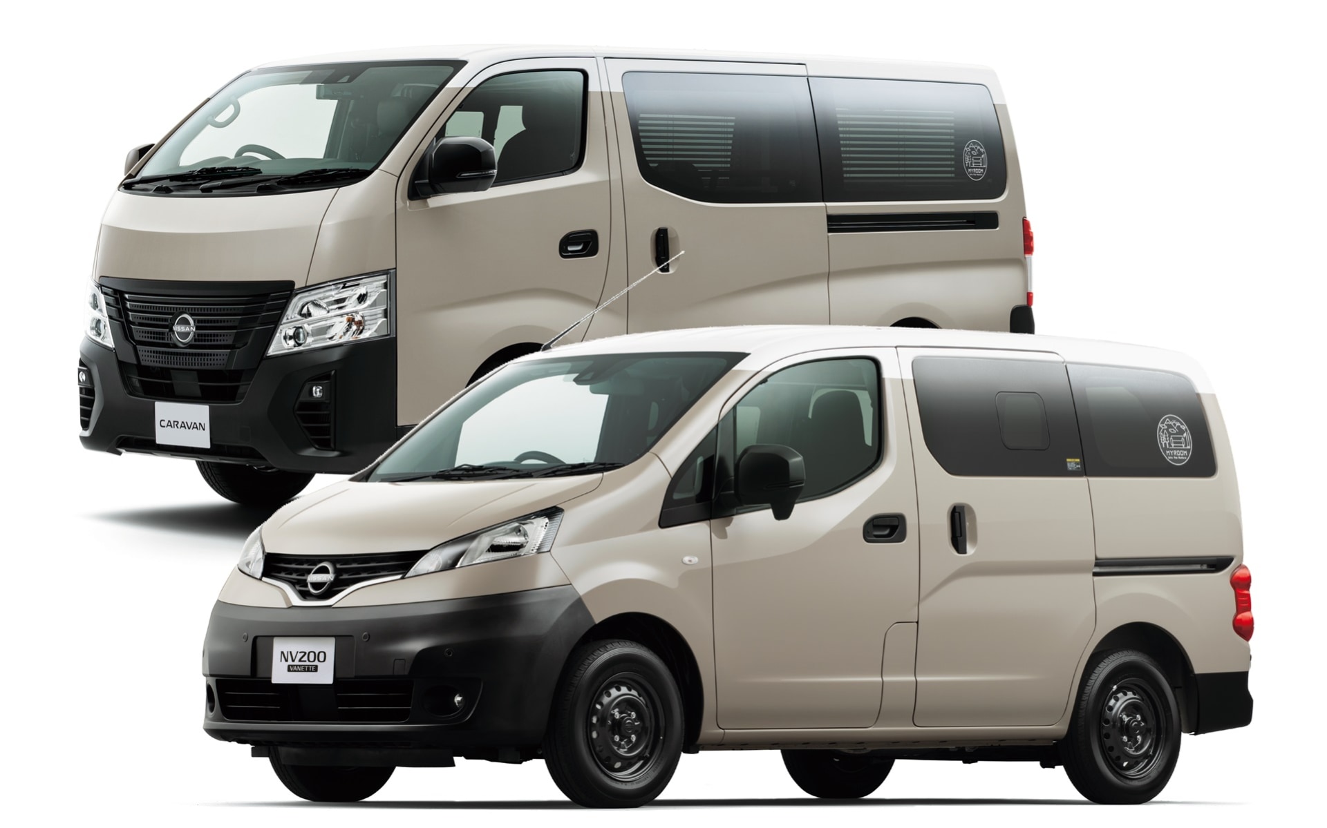 日産の「キャラバン MYROOM（奥）」と「NV200バネット MYROOM（前）」