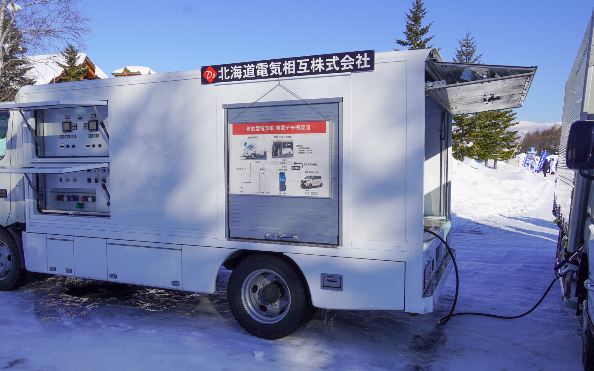 今回の試乗会には車両の電源対応として北海道電気相互株式会社の電源車が協力。床下のPTOからベルトでバンボディ内の発電機を回し、CHAdeMOの急速充電器に必要な三相200Vを50kVAで供給し、eキャンターへ急速充電ができる。試乗会場から公共の急速充電スポットまで降りて行ってもいいが、次々行なわれる試乗スケジュールに合わせるため今回は電源車を登場させたという