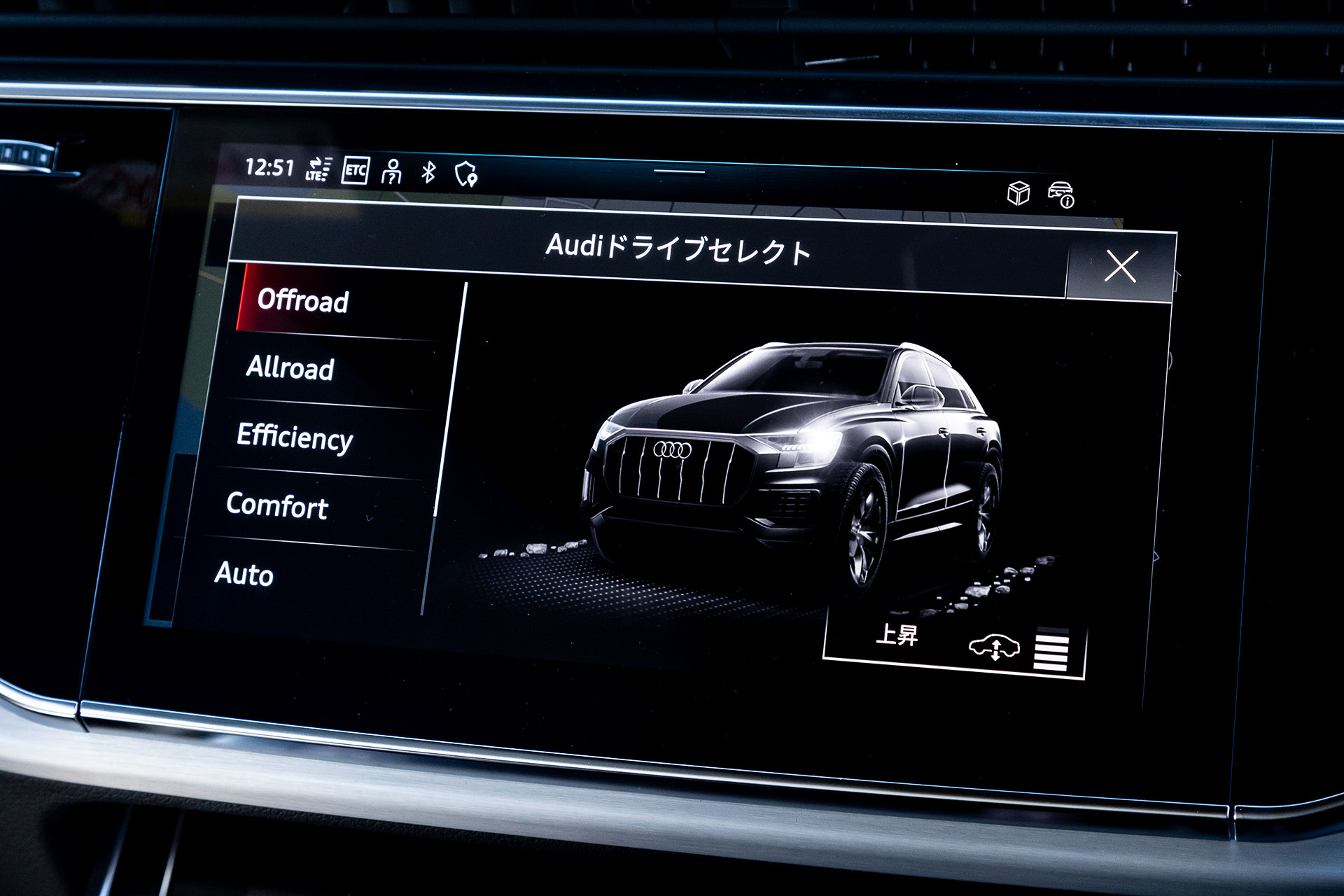 Q8 50 TDI quattro S lineのインテリア。ドライブモードはDYNAMIC、INDIVIDUAL、OFFROAD、ALLROAD、EFFICIENCY、COMFORT、AUTOから選択可能