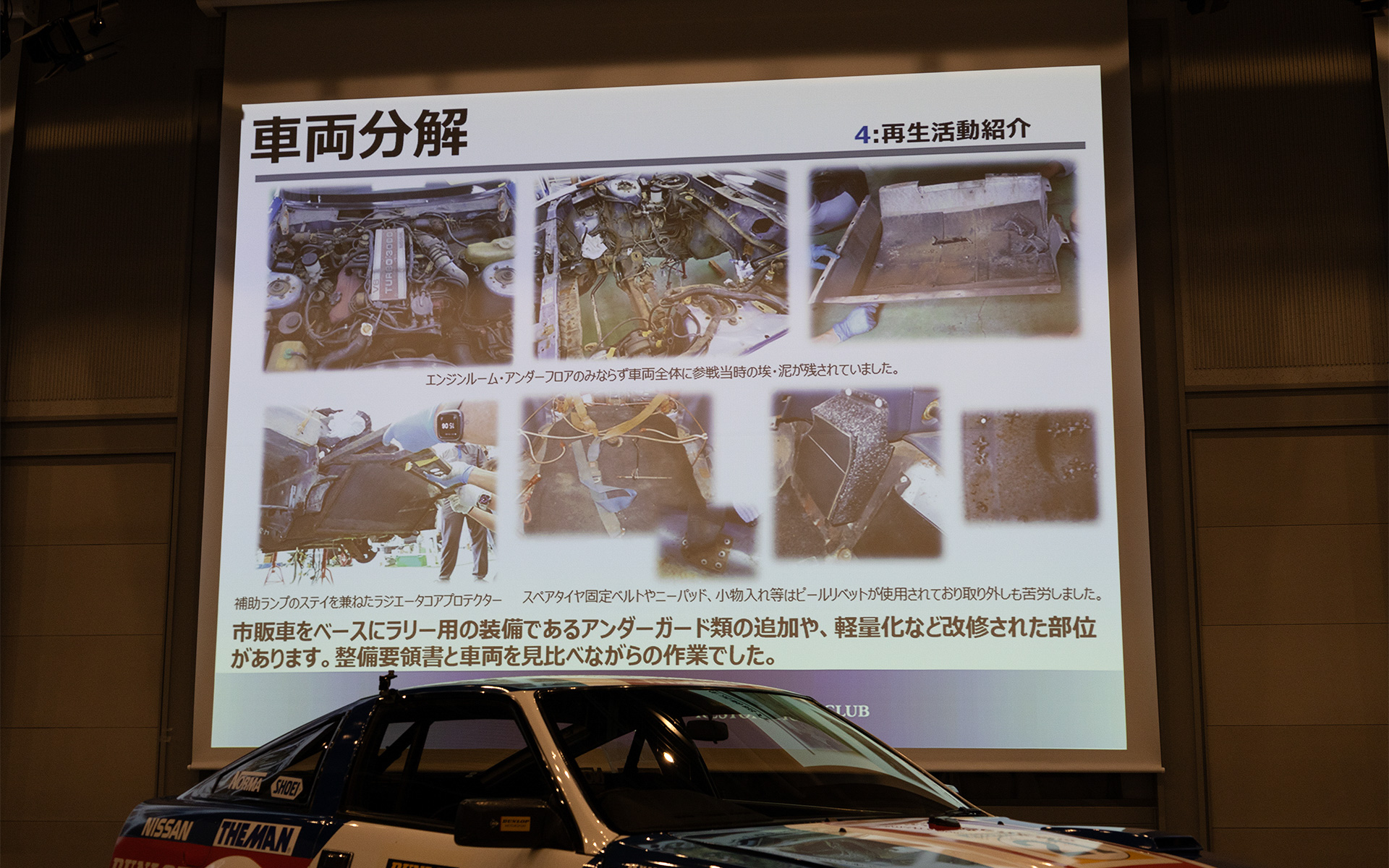 作業はまず車両を分解することから始まる。ラリー車と言うことでどこも泥や埃だらけで、錆もひどかったという